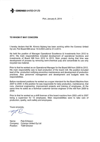Reference Letter - Corenso United Oy Ltd
