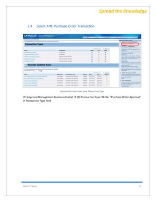 AHMED ISMAIL 17
Spread the Knowledge
2.4 Select AME Purchase Order Transaction
Figure 6-Purchase Order AME Transaction Type
(N) Approval Management Business Analyst  (N) Transaction TypeEnter "Purchase Order Approval"
in Transaction Type field
 