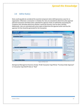 AHMED ISMAIL 29
Spread the Knowledge
2.8 Define Rule(s)
Rules could arguably be considered the essential component when defining business cases for an
organization. Whenever a transaction is initiated, the rules are evaluated to determine what approval
path the transaction will follow when submitted for approval. Rules are defined by associating the
conditions that ultimately determine whether a particular business case has been satisfied.
Additionally, rules are associated with action types to determine the approval action and thus the
approver list that should be generated for the transaction.
Figure 19-Rule Link
(N) Approval Management Business Analyst  (N) Transaction TypeEnter "Purchase Order Approval"
in Transaction Type field Click on "Rule"
 