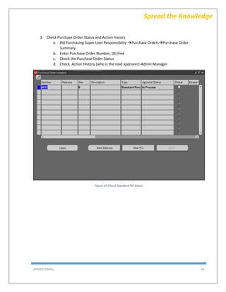 AHMED ISMAIL 34
Spread the Knowledge
3. Check Purchase Order Status and Action history
a. (N) Purchasing Super User Responsibility Purchase OrdersPurchase Order
Summary
b. Enter Purchase Order Number, (B) Find
c. Check the Purchase Order Status
d. Check Action History (who is the next approver)-Admin Manager
Figure 25-Check Standard PO Status
 