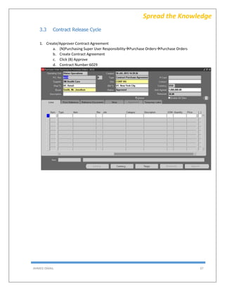 AHMED ISMAIL 37
Spread the Knowledge
3.3 Contract Release Cycle
1. Create/Approver Contract Agreement
a. (N)Purchasing Super User ResponsibilityPurchase OrdersPurchase Orders
b. Create Contract Agreement
c. Click (B) Approve
d. Contract Number:6029
 