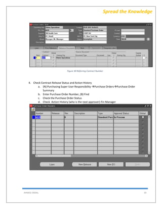 AHMED ISMAIL 39
Spread the Knowledge
Figure 30-Referring Contract Number
4. Check Contract Release Status and Action History
a. (N) Purchasing Super User Responsibility Purchase OrdersPurchase Order
Summary
b. Enter Purchase Order Number, (B) Find
c. Check the Purchase Order Status
d. Check Action History (who is the next approver)-Fin Manager
 