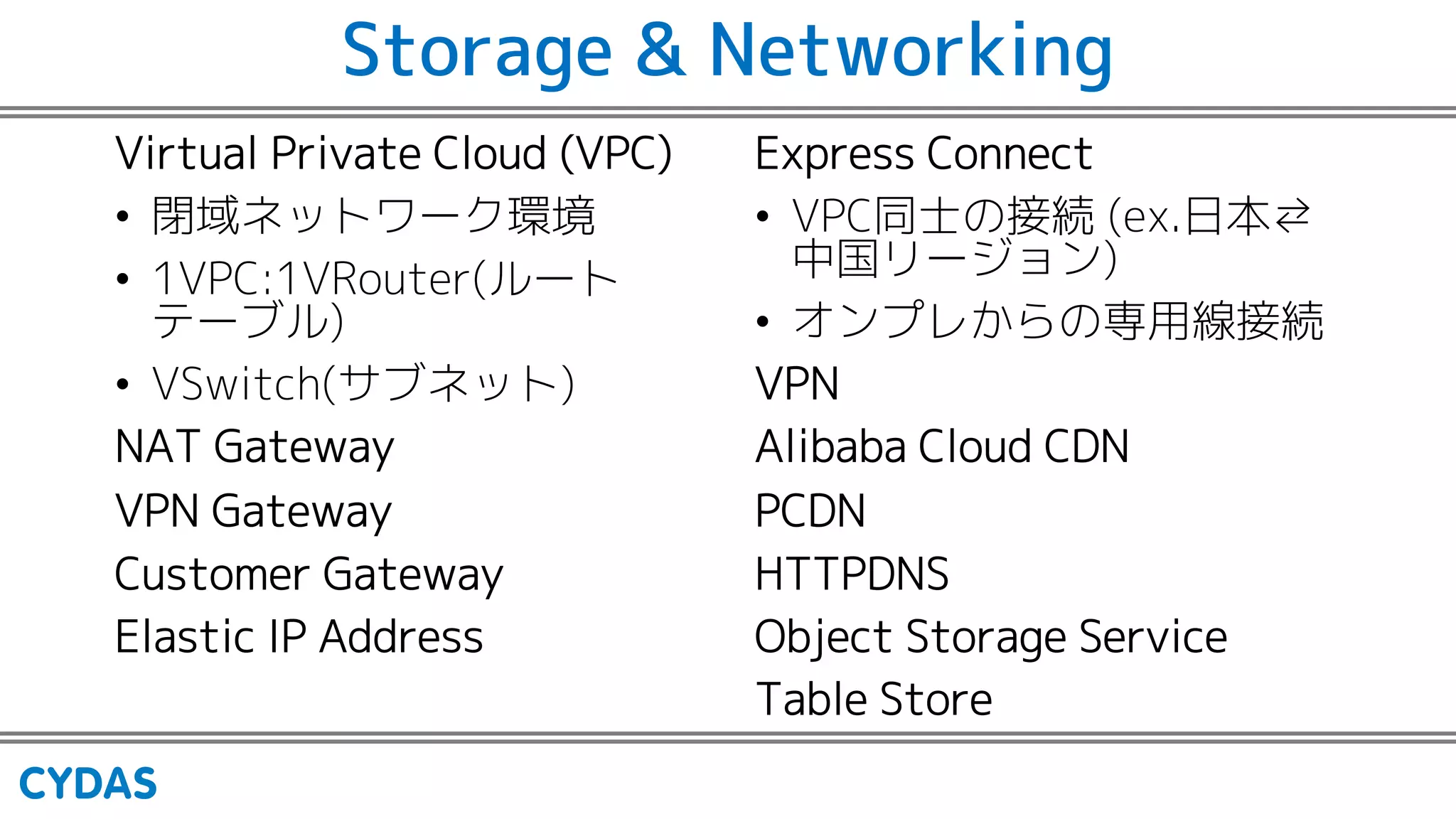 Storage & Networking
Virtual Private Cloud (VPC)
• 閉域ネットワーク環境
• 1VPC:1VRouter(ルート
テーブル)
• VSwitch(サブネット)
NAT Gateway
VPN Gateway
Customer Gateway
Elastic IP Address
Express Connect
• VPC同士の接続 (ex.日本⇄
中国リージョン)
• オンプレからの専用線接続
VPN
Alibaba Cloud CDN
PCDN
HTTPDNS
Object Storage Service
Table Store
 