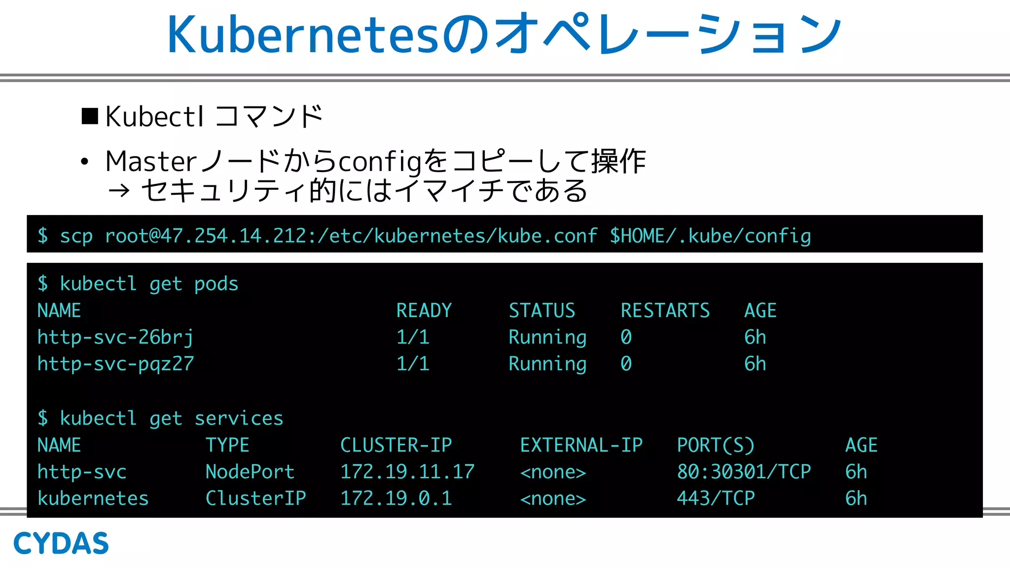 Kubernetesのオペレーション
n Kubectl コマンド
• Masterノードからconfigをコピーして操作
→ セキュリティ的にはイマイチである
U R T 2) ) ) /$H $N EHTPH HU$N EH PI 8 6$ N EH$ PIL
N EH O H R GU
<3 6 635D @A3A @ 6@A3 A@ 376
R UX ETM $ PPLP
R UX RSY $ PPLP
N EH O H UHTXL HU
<3 6 AD>6 4: @A6 9> 6CA6 <3: 9> > A @ 376
R UX < GH> T . 0P PH1 - /( ( $A4>
N EHTPH HU 4O U HT9> . 0P PH1 ))($A4>
 