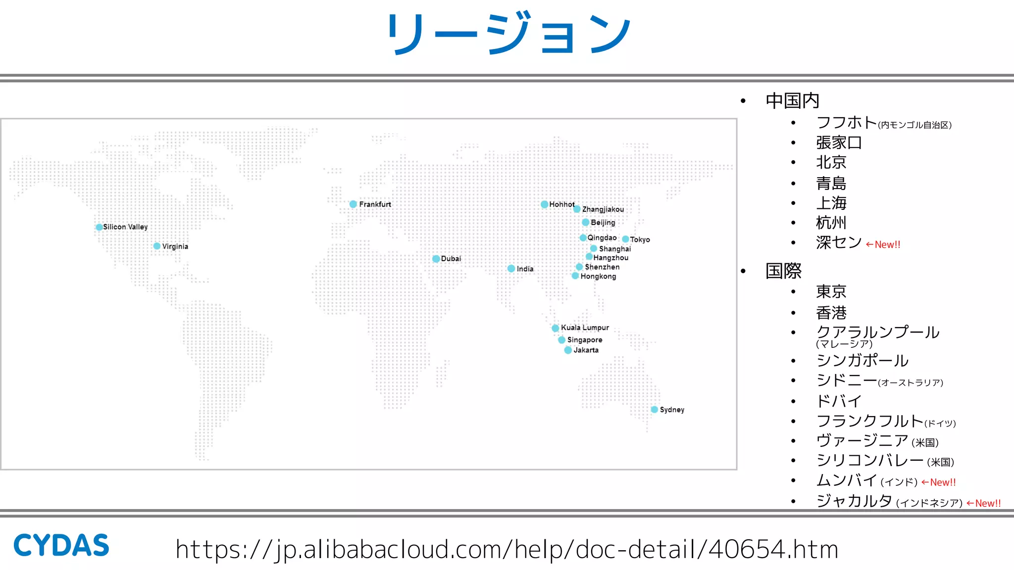 リージョン
• 中国内
• フフホト(内モンゴル自治区)
• 張家口
• 北京
• 青島
• 上海
• 杭州
• 深セン ←New!!
• 国際
• 東京
• 香港
• クアラルンプール
(マレーシア)
• シンガポール
• シドニー(オーストラリア)
• ドバイ
• フランクフルト(ドイツ)
• ヴァージニア (米国)
• シリコンバレー (米国)
• ムンバイ (インド) ←New!!
• ジャカルタ (インドネシア) ←New!!
https://jp.alibabacloud.com/help/doc-detail/40654.htm
 