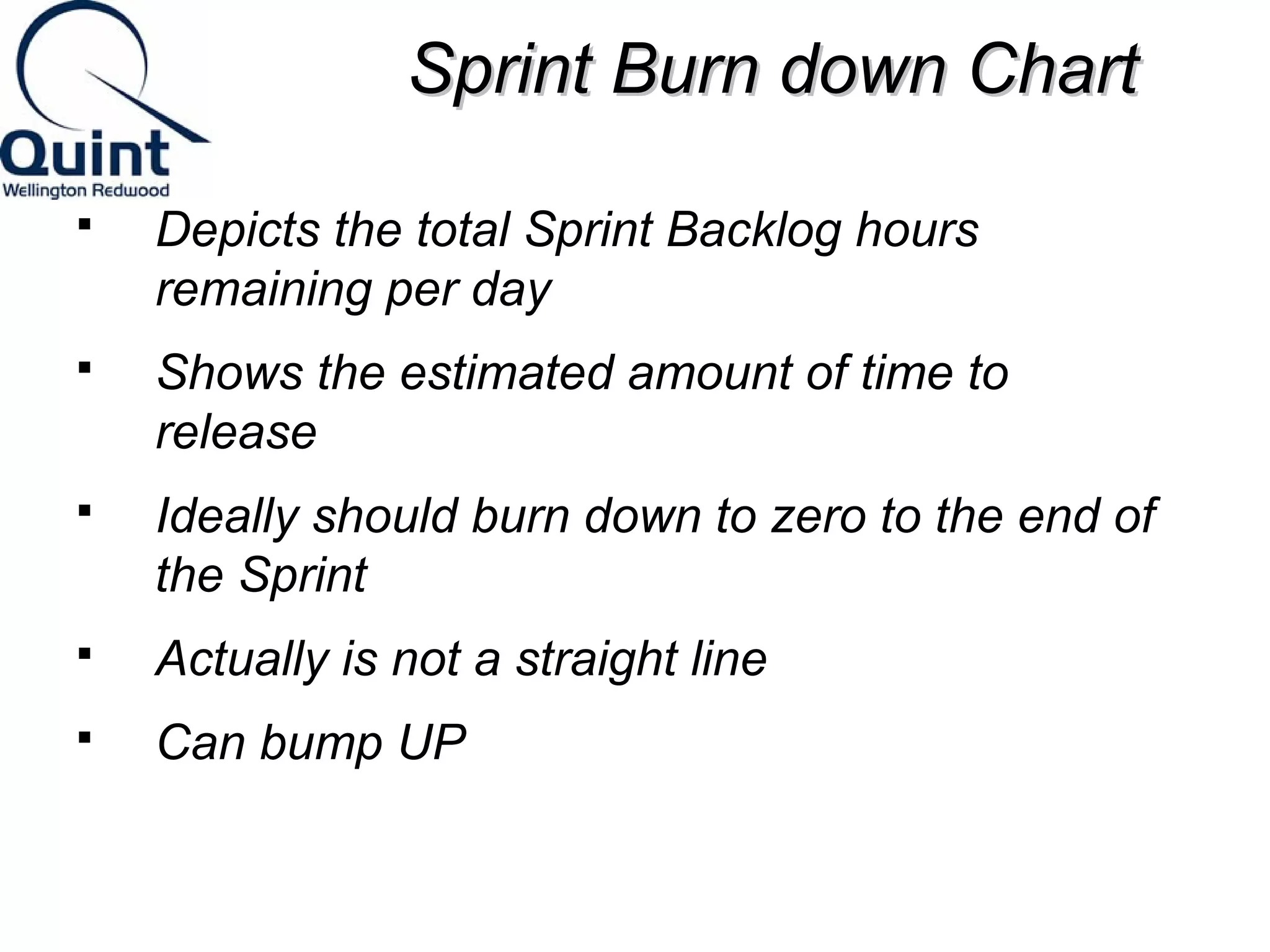 SSpprriinntt BBuurrnn ddoowwnn CChhaarrtt 
 Depicts the total Sprint Backlog hours 
remaining per day 
 Shows the estimated amount of time to 
release 
 Ideally should burn down to zero to the end of 
the Sprint 
 Actually is not a straight line 
 Can bump UP 
 