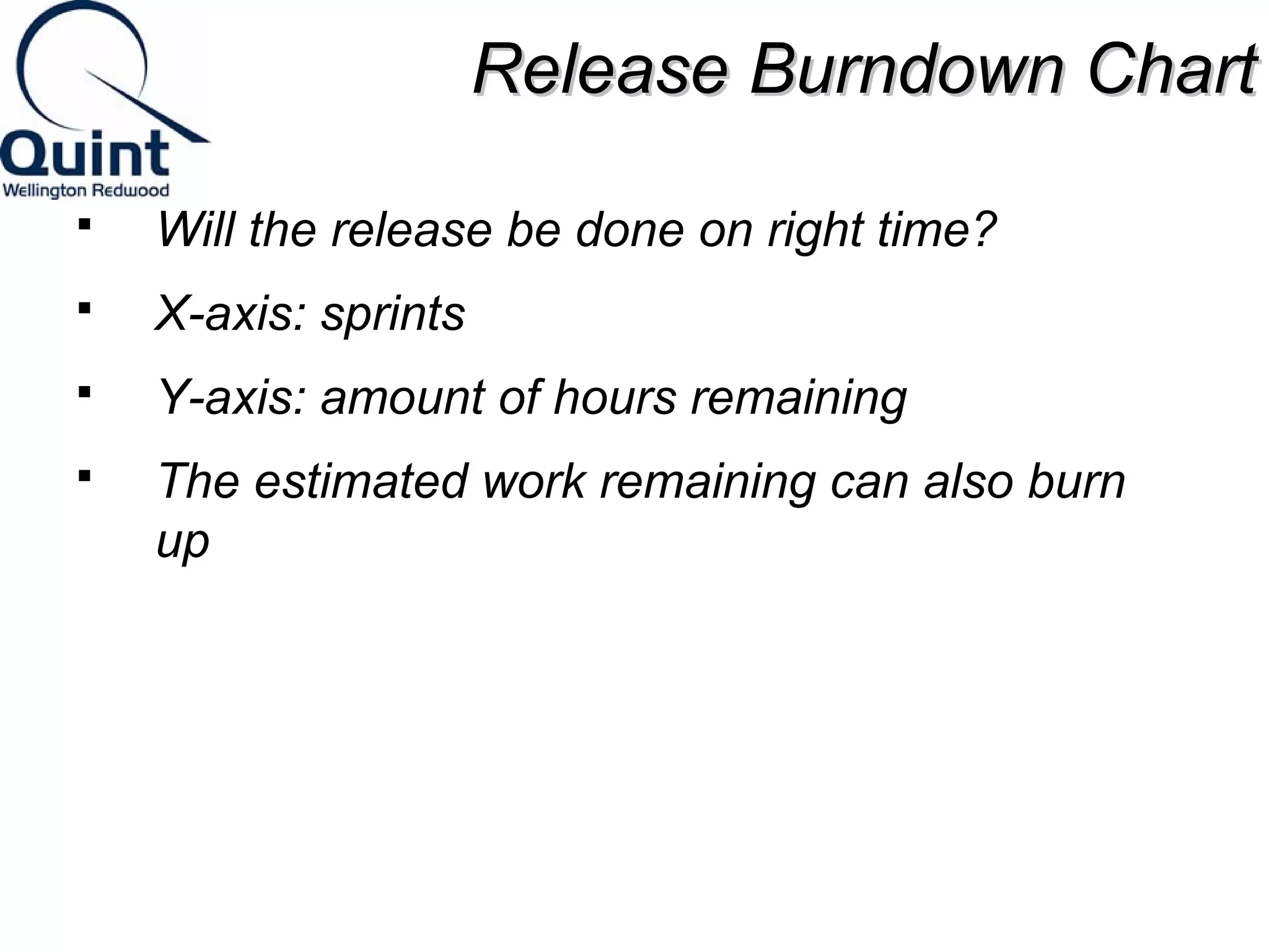 RReelleeaassee BBuurrnnddoowwnn CChhaarrtt 
 Will the release be done on right time? 
 X-axis: sprints 
 Y-axis: amount of hours remaining 
 The estimated work remaining can also burn 
up 
 
