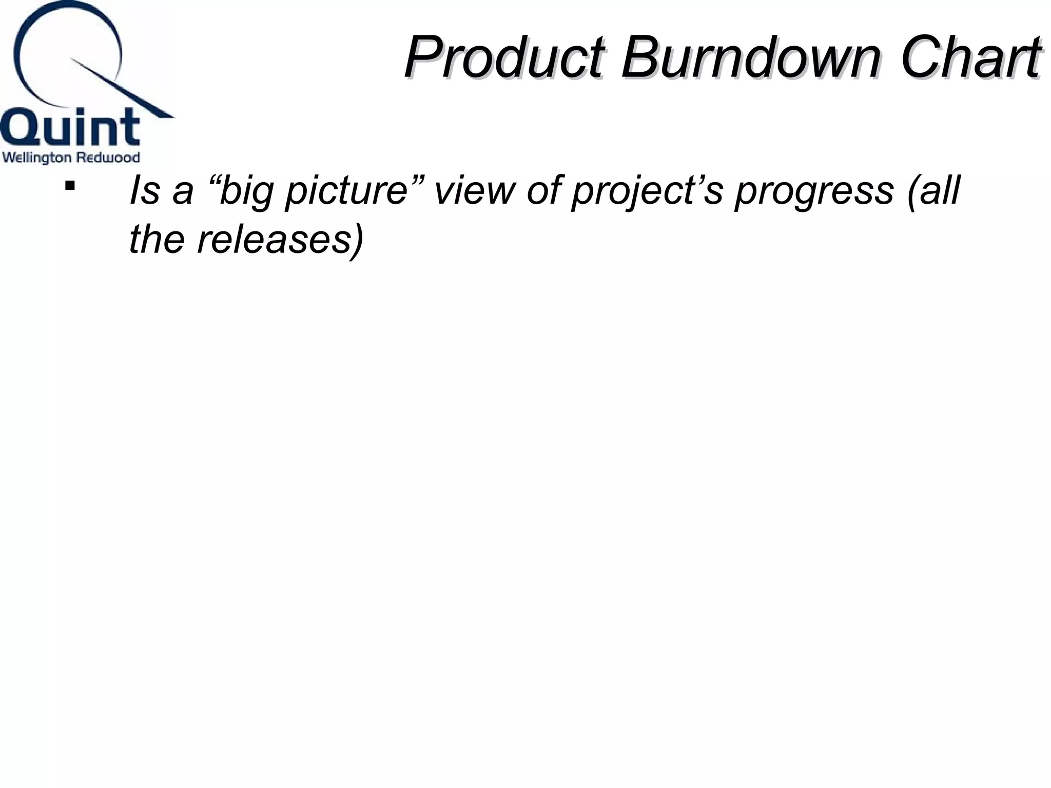 PPrroodduucctt BBuurrnnddoowwnn CChhaarrtt 
 Is a “big picture” view of project’s progress (all 
the releases) 
 