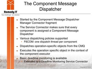 The Component Message
Dispatcher
Started by the Component Message Dispatcher
Manager Connector fragment
The Service Connector makes sure that every
component is assigned a Component Message
Dispatcher
Various dispatching policies supported
• F6COM: one dispatch thread per component
Dispatches operation-specific objects from the CMQ
Executes the operation specific object in the context of
the component executor
Basic deadline monitoring is available
• Extended to a Deadline Monitoring Service Connector
Copyright © 201315
 
