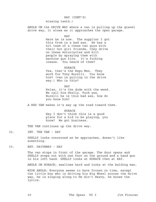 missing teeth.)
RAY (CONT'D)
ANGLE ON the DRIVE WAY where a van is pulling up the gravel
drive way, it slows as it approaches the open garage.
RAY
Here he is now. The supplier I got
this from is a bad ass. He has a
hit team of a these two guys with
their hot girl friends, they drive
on these motorcycles and kill
people by spraying them with
machine gun fire. It's fucking
insane. You heard of them?
HORACE
Yea, that's the Repo Men. They
work for Tony Burelli. You know
him? (van is pulling in the drive
way.) Who is this?
RAY
Relax, it's the dude with the weed.
We call him Skelly. Fuck yea,
Burelli he is this bad ass, how do
you know him?
A RED VAN makes it's way up the road toward them.
HORACE
Hey I don't think this is a good
place for a kid to be playing, you
know? We got business.
THE VAN continues up the drive way.
INT. THE VAN - DAY32.
SKELLY looks concerned as he approaches, doesn't like
something.
EXT. DRIVEWAY - DAY33.
The van stops in front of the garage. The door opens and
SKELLY steps out with one foot on the ground and a hand gun
in his left hand. SKELLY looks at HORACE then at RAY.
ANGLE ON HORACE; swallows hard and looks at the balding man.
WIDE ANGLE: Everyone seems to have frozen in time, except
the little boy who is driving his Big Wheel across the drive
way, he is singing along to He Ain't Heavy, he knows the
lyrics.
30 The Spear VS 3 Jim Finucan
 