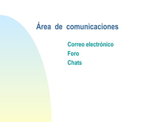 Correo electrónico
Foro
Chats
Área de comunicaciones
 