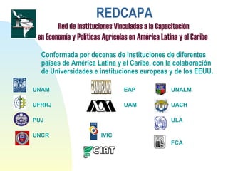 REDCAPA
Red de Instituciones Vinculadas a la Capacitación
en Economía y Políticas Agrícolas en América Latina y el Caribe
Conformada por decenas de instituciones de diferentes
países de América Latina y el Caribe, con la colaboración
de Universidades e instituciones europeas y de los EEUU.
UNAM EAP UNALM
UFRRJ UAM UACH
PUJ ULA
UNCR IVIC
FCA
 
