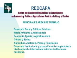REDCAPA
Red de Instituciones Vinculadas a la Capacitación
en Economía y Políticas Agrícolas en América Latina y el Caribe
PRINCIPALES AREAS DE TRABAJO
Desarrollo Rural y Políticas Públicas
Medio Ambiente y Agroecología
Economía Agraria y Agroalimentaria
Género y Etnias
Agricultura, Zootecnia, Pesca y Forestación
Desarrollo institucional y promoción de la cooperación a
nivel nacional e internacional entre las instituciones
miembros.
 