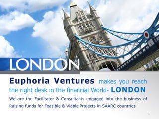 Euphoria Ventures makes you reach
the right desk in the financial World- LONDON
We are the Facilitator & Consultants engaged into the business of
Raising funds for Feasible & Viable Projects in SAARC countries
1
 