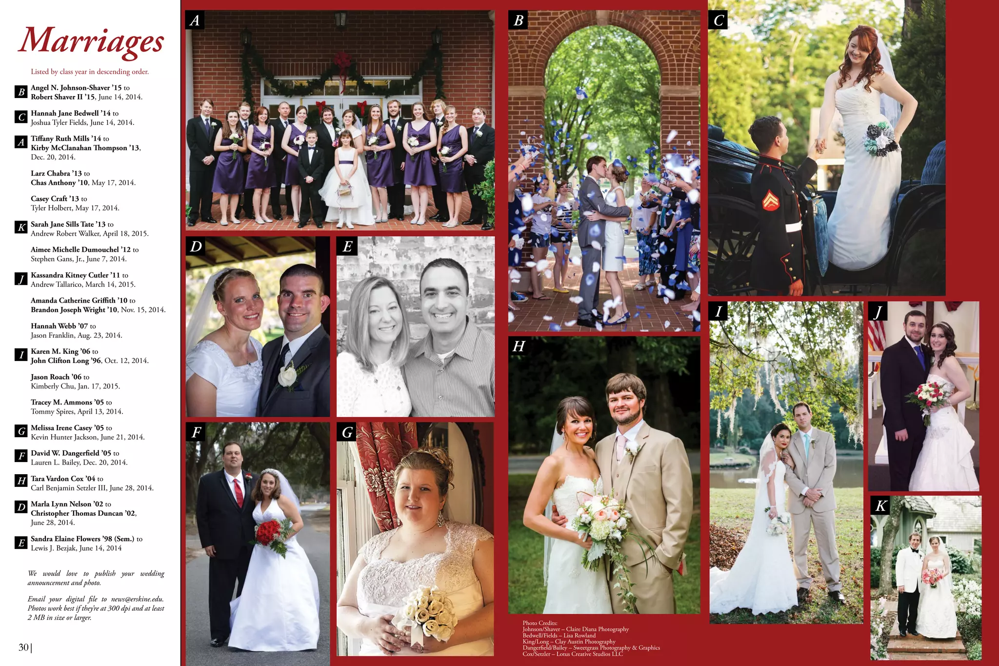 Marriages
Listed by class year in descending order.
Angel N. Johnson-Shaver ’15 to
Robert Shaver II ’15, June 14, 2014.
Hannah Jane Bedwell ’14 to
Joshua Tyler Fields, June 14, 2014.
Tiffany Ruth Mills ’14 to
Kirby McClanahan Thompson ’13,
Dec. 20, 2014.
Larz Chabra ’13 to
Chas Anthony ’10, May 17, 2014.
Casey Craft ’13 to
Tyler Holbert, May 17, 2014.
Sarah Jane Sills Tate ’13 to
Andrew Robert Walker, April 18, 2015.
Aimee Michelle Dumouchel ’12 to
Stephen Gans, Jr., June 7, 2014.
Kassandra Kitney Cutler ’11 to
Andrew Tallarico, March 14, 2015.
Amanda Catherine Griffith ’10 to
Brandon Joseph Wright ’10, Nov. 15, 2014.
Hannah Webb ’07 to
Jason Franklin, Aug. 23, 2014.
Karen M. King ’06 to
John Clifton Long ’96, Oct. 12, 2014.
Jason Roach ’06 to
Kimberly Chu, Jan. 17, 2015.
Tracey M. Ammons ’05 to
Tommy Spires, April 13, 2014.
Melissa Irene Casey ’05 to
Kevin Hunter Jackson, June 21, 2014.
David W. Dangerfield ’05 to
Lauren L. Bailey, Dec. 20, 2014.
Tara Vardon Cox ’04 to
Carl Benjamin Setzler III, June 28, 2014.
Marla Lynn Nelson ’02 to
Christopher Thomas Duncan ’02,
June 28, 2014.
Sandra Elaine Flowers ’98 (Sem.) to
Lewis J. Bezjak, June 14, 2014
We would love to publish your wedding
announcement and photo.
Email your digital file to news@erskine.edu.
Photos work best if they’re at 300 dpi and at least
2 MB in size or larger.
Photo Credits:
Johnson/Shaver – Claire Diana Photography
Bedwell/Fields – Lisa Rowland
King/Long – Clay Austin Photography
Dangerfield/Bailey – Sweetgrass Photography & Graphics
Cox/Setzler – Lotus Creative Studios LLC
30|30|
A B C
D
H
I J
F G
D
E
I
F
H
C
K
A
J
B
G
K
E
 