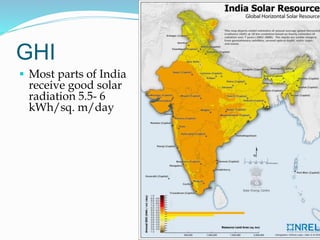 GHI
 Most parts of India
receive good solar
radiation 5.5- 6
kWh/sq. m/day
 