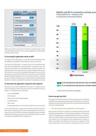 14 Testing Experience – 19 2012
offline and, if it does, we should ensure that we create test cases to cover
all possible offline activities so as to avoid the application crashing while
working in offline mode.
III. Ensuring the application works on WIFI
The image in the middle gives us a clear idea of how Smartphone users
are addicted to using WIFI on their devices to connect to Internet.
The high cost of data plans is a major concern for Smartphone users
when accessing applications using the device’s connection. Hence, the
majority of users prefer to use the applications over WIFI. Therefore, it is
very important that our applications are made compatible with use over
WIFI connections. Hence, tests should also be designed to ensure that the
applications work perfectly on WIFI. WIFI connectivity issues should also
beaddressedbytheapplication.Thatis,iftheWIFIconnectionislostwhile
theuserisworkingontheapplication,theyshouldbeimmediatelyalerted
thattheirconnectionislostandthisshouldaverttheapplicationcrashing.
IV. How does the application respond to interruptions?
We should ensure that the application responds in an agreed manner
to the interruptions. Some of the most common interruptions that can
happen in a Smartphone are listed below:
▪▪ Incoming SMS/MMS
▪▪ Incoming calls
▪▪ Alerts for push mails/chats/updates
▪▪ Low battery alerts
▪▪ Alarm clocks
▪▪ Forcetheapplicationtominimizetoaccessthemenuorhomescreen
Just to make things clear, imagine we are testing a time-bound game in
which we are to clear a puzzle in a two-minute window. Now, if an incom-
ing call comes on to the device while we are playing the game, the device
should automatically go into pause mode and allow the user to continue
from where he had left off when taking the call.
How do we get over this?
Every type of network fluctuation and its associated actions should be
considered when developing and testing the applications. The QA team
should ensure that all possible check points are covered and the expected
results are clearly achieved.
 Track the response of the application to interruptions
Every possible interruption should be considered and test cases should
be prepared, keeping them in mind to test the application. The expected
response of the application should be decided in the event of any inter-
ruptions and QA should ensure that these results are achieved whenever
interruptions occur. One example to help understand this situation in
detail is described in the following. In the case of an application that
records voice while it is functioning, if a message alert comes in which
 