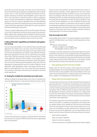16 Testing Experience – 19 2012
at any time as we write this paper. The reason we are mentioning this
here is that all these operating systems use applications that are specific
to them. That is, in the case of the iOS system the extension of the ap-
plication should .ipa, for Android .apk, for BlackBerry .jad, etc. Now, from
this it is very clear that it is almost impossible to create an application
which can create automated tests for applications intended for all these
devices. So, if we are to create an application that is for both BlackBerry
and iPhone users within the company, we have to create automation test
scripts for both these applications individually. This, as you may all know,
will lead to doubling your testing time.
There are a couple of applications which ensure that single script can be
run for both the code bases, but the end results are yet to be assessed in
depth.However,thereisalwaysanelementofskepticismabouttheresults,
as we all know that each Smartphone has its own unique functionality
base and that the same test approach may not work for all of them.
II. Most of the tools’ capabilities are limited to web applica-
tion testing
There are many tools available on the market that help us test web-based
applications for mobiles. But, as we know, most of the traditional ap-
plications are still native which intensively use the special features that
are built into the development tool used for native application building.
Web mobile applications limit the user from performing many regular
actions that could have easily been carried out had there been a similar
native application. Because of this limitation, most companies try to
assess their user group and, based on the statistics, build native applica-
tions for the most commonly-used Smartphone, which gives them the
advantage of incorporating the maximum number of features into the
application under development. Hence, most people still have an ap-
petite for native applications. This, in fact, stops most of the companies
from investing in automation tools that are just intended for web-based
mobile applications.
III. Testing for multiple OS automation just adds work...
Talking of multiple OS, the graph below on the share of Smartphone OS
across the globe will give us a clear picture of where we stand currently.
So, which is the OS that your company is using most?Which is the OS that
your end users are using most? Which are the OSs that are approved by
your IT security team?
These are some of the questions we have to find the exact answers to
before starting to develop a mobile application for the mass market.
Once these questions have been answered, it is also a must to plan your
QA also accordingly. Finding the resource or training the resource, and
identifying the tool to be used for testing these applications are some of
the routine jobs associated with this. But the priority should be to find
a tool that has the capability to run tests for different OS devices with
minimum rework. However, no automation tools are known to support
the video/audio capabilities that are part of a normal mobile application.
Image management is also known to have failed in many instances when
working on automation tools. Hence, complete automation testing of
mobile applications still remains a distant dream.
How do we get over this?
Having talked about a dream in the above paragraph, we would like to
quote Mr. APJ Abdul Kalam, one of India’s most distinguished scientists,
who said:
Dream, dream dream
Dreams transform into thoughts
And thoughts result in action.
So the day is not that far away when we will have the right tool to accom-
modate the scripts that can run for multiple OSs. Most of the applications
thatareonthemarketarecurrentlylinkedtoalreadyestablishedQAtools
like QTP. Soon we should be also seeing automation tools that can handle
images, videos and audio. Some of the steps we, as the QA team, should
take to familiarize ourselves with automation tools would be:
 Keep updating yourself on the tools available
Always check for sites that support mobile application testing like
www.qatestingtools.comorwww.mobileappstesting.comwhichprovideus
with information on tools available in the market, feedback on them and
useful links associated with them. Googling reviews and comments will
help us update our knowledge base on automation tools.
 Always check out and evaluate new tools
Any automation tool that comes onto the market will have an evaluation
copy associated with it. The QA team should always ensure they install
this evaluation version and try to match the requirements with the tool
under test. Another good way to keep updated on these tools is by attend-
ing webinars that are offered by these companies. Automation testing
tool development companies conduct free webinars on a regular basis
to inform their clients about their products and new features added. At-
tending these webinars helps us to rate the product and also to compare
it with other similar applications.
The evaluation copy of the tool should be installed in our own environ-
ment to ensure that it is suitable for our applications and complies with
our network settings. Once installed, we must also ensure we evaluate
it from the security point of view to ensure that no data of ours or our
clients are transmitted to any other external servers. Evaluation should
be done to ensure that the application suits our requirements from all
angles. Some of the major check points while evaluating a tool should be:
▪▪ Types of phone supported
▪▪ Types of emulators supported
▪▪ Types of connections supported
▪▪ Can the same test be run on different devices (multi-device support)
 