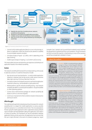 58 Testing Experience – 19 2012
▪▪ Connect to the mobile application/device in a non-intrusive way, i.e.
device or application under test should not be altered or modified
to accommodate network simulator.
▪▪ Simulate all types of signal – 3G, GPRS, or Wi-Fi, depending on the
type of testing.
▪▪ Enable signal change or hopping, i.e. 3G to Wi-Fi and vice versa.
The measurable outcomes would be the user experience and behavior of
application based on the network variability.
Evolve
The network variability QA framework has to keep evolving continuously
to add new scenarios. It could be enhanced to include:
▪▪ Key city and carrier trend verification – to verify mobile application
response in selected cities for key carriers under various scenarios
(day, night, evening, Christmas, New Year’s Eve, etc.).
▪▪ Simulationofabnormalnetworkscenariostoseehowtheapplication
responds to these (e.g. 10% bandwidth or 90% packet loss).
▪▪ Mobile platform-specific network variability testing – how network
variability QA affects an Android phone/tablet vs. iOS phone/tablet
vs. other operating systems.
▪▪ Custom and on-demand test packages for network variability QA
based on ad hoc or one-time requests.
▪▪ Continuous improvement of test conditions based on best practice
and lessons learnt.
Afterthought
Theunderlyingthoughtbehinddevelopingthe4Eframeworkfornetwork
variability QA is to subject the mobile application to various possible
real-time scenarios in a controlled environment. The errors/exceptions
thrown up by the mobile application when subjected to varying network
signal strengths will help developers debug the application and make it
as robust as possible. This framework can also be extended to desktop
application testing. At the same time, the application has to ensure that
the user is kept informed in the event of a network outage (e.g. ‘signal
strength is low’, ‘upload is not successful due to network issues’) and that
the app performs a graceful exit from such exceptions.The 4E framework
will also minimize the need for in-field testing, as most of the scenarios
would have already been validated in-house.	 ◼
Figure 3: 4E Framework for Mobile Network Variability QA
KiranMarri,BEMS,iscurrentlyworkingasadelivery
manager at Infosys Limited, Bangalore (NASDAQ:
Infy, www.infosys.com). He has 16 years of IT expe-
rience in project management, client relations and
developer roles. He has published and presented
several papers at conferences in the field of project
management, software testing, clinical data ma-
nagement and biomedical engineering. He has also
conducted workshops, and tutorials on creativity, thought leadership,
risk management, test management and defect prediction methods. His
current research interest and publications are primarily in specialized
testing, test maturity practices and innovation strategies. He received
his bachelor’s in Electronics & Communication Engineering from Madras
University in 1993 and his master’s by research in Biomedical Engineering
from the Indian Institute ofTechnology Madras, Chennai in 1996. Kiran is
alsoPMPcertified.KiranMarricanbecontactedatkirankmr@infosys.com.
> about the authors
Sundaresa Subramanian has 11 years of experience
in software testing, embedded systems testing, and
digitalsignalprocessingresearchanddevelopment.
CurrentlyheisaseniorprojectmanagerwithInfosys
Limited (NASDAQ: Infy www.infosys.com) and part
of the Independent Validation and Testing Services
unit. Before Infosys, he was involved in strategizing
and delivery of testing projects in the automotive
multimedia domain, and also in research and development of digital
signal processor-based embedded applications. He has authored and
presented papers at national and international conferences on the topics
of risk identification, data warehouse test strategizing, mobile QA, spe-
cialized QA services and project management. He earned his Bachelor of
Engineering degree from Manonmanium Sundaranar University, India.
Sundar can be contacted at ssubramanian_gv@infosys.com.
 