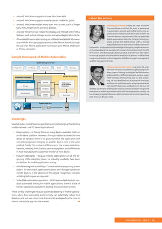 79Testing Experience – 19 2012
▪▪ Android WebDriver supports all core WebDriver APIs.
▪▪ Android WebDriver supports mobile-specific and HTML5 APIs.
▪▪ Android WebDriver models many user interactions, such as finger
taps, flicks, finger scrolls and long presses.
▪▪ Android WebDriver can rotate the display and interact with HTML5
features,suchaslocalstorage,sessionstorageandapplicationcache.
▪▪ iPhoneWebDriverenablestestingonaUIWebView(aWebKitbrowser
accessibleforthirdpartyapplications)ontheiPhone.Itworksthrough
the use of an iPhone application running on your iPhone, iPod touch
or iPhone simulator.
Sample Framework of Mobile Automation
Challenges
Sowhatmakesmobilebusinessapptestingmorechallengingthantesting
traditional web- and PC-based applications?
▪▪ Device variety – In theory, there are many devices available that run
on the same platform. However, if an application is created for one
device or handset, there is no guarantee that the application will
run with 100 percent integrity on another device, even in the same
product family. This is due to differences in the screen resolution,
handset, memory level, battery, operating system, and differences
in how manufacturers customize the OS for their device.
▪▪ Industry standards – Because mobile applications are at the be-
ginning of the adoption phase, no industry standards have been
established for mobile application testing.
▪▪ Mobiletestingtoolavailability –Currenttoolsforrecognizingscreen
objects for web and PC applications do not work for applications on
mobile devices. In the absence of this object recognition, complex
scripting techniques are required.
▪▪ Skilled QA automation specialists – With few available tools to con-
duct automated testing for mobile applications, there is a lack of
trained specialists available to develop the automation scripts.
These are key challenges because automated testing of mobile applica-
tions, when done accurately and precisely, can potentially reduce test
development and execution time dramatically and speed up the time to
release the mobile app into the market.	 ◼
Nimmagadda Nivedita works as a test lead with
Thomson Reuters and has 8+ years of experience
in automation, security and mobile testing. She as-
sesses various mobile automation tools to cater for
Thomson Reuters’ requirements. She has evaluated
Mobile automation tools like Perfecto, Device Any-
where and See-Test Mobile Cloud and has trained
andguidedteamstobuiltrobustmobileautomation
frameworks.Shehasextensiveknowledgeofdesigningcomplexautomati-
onframeworksandhasworkedwithnumberofautomationtoolslikeQTP,
Win runner, telerik test studio, Rational robot, and Selenium. She is keen
to manage projects with the utmost emphasis on process and has made
a major contribution to the integration of different project management
and test management tools.
> about the authors
Sathyanarayanareddy Gaddam is a senior QA engi-
neerwithfiveyearsofexperience,specializingindif-
ferent types of testing techniques, test automation
and testability in different domains, such as invest-
ment banking, retail banking, and tax and accoun-
ting. He has developed test automation strategies,
architecturesandframeworksusingtopautomation
toolslikeQTP,Selenium,andWinRunner.HeisanHP
certifiedautomationtestengineerandhascontributedextensivelytothe
evaluation of mobile automation tools with the emphasis on security. He
hasamaster’sdegreeinBusinessAdministration.Heiscurrentlyworking
with Thomson Reuters India.
 