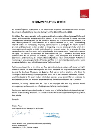 Reccomendation letter for Vildana