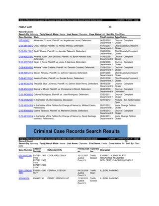 Skip to Main Content Logout My Account Search Menu New Family Record Search Refine Search Location : Family Help
FAMILY LAW
Record Count:
15
Search By: Attorney Party Search Mode: Name Last Name: Chevalier Case Status: All Sort By: Filed Date
Case Number Style Filed/Location Type/Status
05D335677 Alexander F Laurel, Plaintiff. vs. Angelarosa Laurel, Defendant. 04/20/2005
Department T
Divorce - Complaint
Closed
D-07-384105-C Urias, Manuel, Plaintiff. vs. Flores, Monica, Defendant. 11/13/2007
Department J
Child Custody Complaint
Closed
D-08-394135-C Saul F Rivera, Plaintiff. vs. Jennifer Takeuchi, Defendant. 05/28/2008
Department L
Child Custody Complaint
Closed
D-09-405370-D Amarilis Judith Leon De Soto, Plaintiff. vs. Byron Haroldo Soto,
Defendant.
01/15/2009
Department N
Divorce - Complaint
Closed
D-09-407758-D Karen D Pena, Plaintiff. vs. Jorge A Gamboa, Defendant. 03/02/2009
Department J
Divorce - Complaint
Closed
D-09-408540-D Adriana Torres Cadena, Plaintiff. vs. Gerardo Cazares, Defendant. 03/16/2009
Department T
Divorce - Complaint
Closed
D-09-409421-C Steven Almaraz, Plaintiff. vs. JoAnne Talavera, Defendant. 03/31/2009
Department H
Child Custody Complaint
Closed
D-09-411291-C Jessica Clutter, Plaintiff. vs. Brooks Burton, Defendant. 05/01/2009
Department J
Child Custody Complaint
Closed
D-09-413557-D Thais Da Silva Lourenco, Plaintiff. vs. Darron Sloan Henry, Defendant. 06/15/2009
Department M
Divorce - Complaint
Closed
D-09-414345-D Blanca M Minott, Plaintiff. vs. Christopher A Minott, Defendant. 06/26/2009
Department N
Divorce - Complaint
Dismissed
D-11-443890-D Dolores Rodriguez, Plaintiff. vs. Jose Rodriguez, Defendant. 03/23/2011
Department T
Divorce - Complaint
Closed
P-12-073625-E In the Matter of John Sweeney, Deceased 02/17/2012 Probate - Set Aside Estates
Open
D-12-463543-N In the Matter of the Petition for Change of Name by: Mildred Castro,
Petitioner(s).
05/11/2012
Department L
Name Change Petition
Closed
D-13-476993-D Martha Tadesse, Plaintiff. vs. Mahteme Zewdie, Defendant. 03/18/2013
Department R
Divorce - Complaint
Closed
D-13-481832-N In the Matter of the Petition for Change of Name by: David Santiago
Martinez, Petitioner(s).
06/24/2013
Department M
Name Change Petition
Closed
Criminal Case Records Search Results
Skip to Main Content Logout My Account Search Menu New Criminal Search Refine Search Location : Justice Court LV Help
Record Count: 16
Search By: Attorney Party Search Mode: Name Last Name: Chevalier First Name: Yvette Case Status: All Sort By: Filed
Date
Case Number
Citation
Number
Defendant Info
Filed/Locati
on
Type/Sta
tus
Charge(s)
E0728112300
7193
E0728112300
7193
E0728112300
7193
E0728112300
7193
COTA, KALLEEN A 10/11/2007
Justice
Court LV
Traffic
Closed
EXPIRED LICENSE PLATE
INSURANCE REQUIRED
REG. CERT. PLACED IN VEHICLE
E0911114240
4677
E0911114240
4677
FERRAN, STEVEN 04/23/2009
Justice
Court LV
Traffic
Open
ILLEGAL PARKING
X00490136 X00490136 PEREZ, SERGIO LUIZ 11/30/2010
Justice
Court LV
Traffic
Closed
ILLEGAL PARKING
 