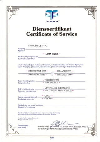 Certificate of Service Transnet