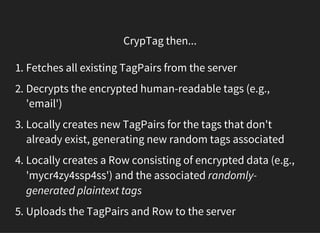 CrypTag then...
1. Fetches all existing TagPairs from the server
2. Decrypts the encrypted human-readable tags (e.g.,
'ema...