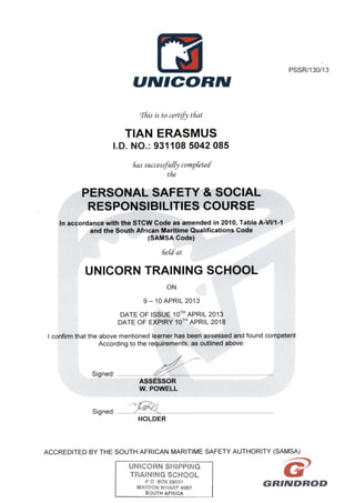 PERSONAL SAFETY & SOCIAL RESPONSIBILITY COURSE