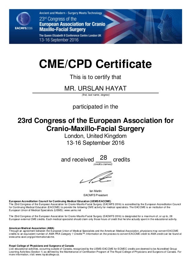 CME-CPD Certificate EACMFS 2016