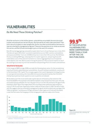 2015 DATA BREACH INVESTIGATIONS REPORT 15
Of all the risk factors in the InfoSec domain, vulnerabilities are probably the most discussed,
tracked, and assessed over the last 20 years. But how well do we really understand them? Their
link to security incidents is clear enough after the fact, but what can we do before the breach to
improve vulnerability management programs? These are the questions on our minds as we enter
this section, and Risk I/O was kind enough to join us in the search for answers.
Risk I/O started aggregating vulnerability exploit data from its threat feed partners in late 2013.
The data set spans 200 million+ successful exploitations across 500+ common vulnerabilities
and exposures (CVEs)11
from over 20,000 enterprises in more than 150 countries. Risk I/O does
this by correlating SIEM logs, analyzing them for exploit signatures, and pairing those with
vulnerability scans of the same environments to create an aggregated picture of exploited
vulnerabilities over time. We focused on mining the patterns in the successful exploits to see if
we could figure out ways to prioritize remediation and patching efforts for known vulnerabilities.
‘SPLOITIN TO THE OLDIES
In the inaugural DBIR (vintage 2008), we made the following observation: For the overwhelming
majority of attacks exploiting known vulnerabilities, the patch had been available for months prior
to the breach [and 71% >1 year]. This strongly suggests that a patch deployment strategy focusing
on coverage and consistency is far more effective at preventing data breaches than “fire drills”
attempting to patch particular systems as soon as patches are released.
Wedecidedtoseeiftherecentandbroaderexploitdatasetstillbackedupthatstatement.We
foundthat99.9%oftheexploitedvulnerabilitieshadbeencompromisedmorethanayearafterthe
associatedCVEwaspublished.OurnextstepwastofocusinontheCVEsandlookattheageofCVEs
exploitedin2014.Figure10arrangestheseCVEsaccordingtotheirpublicationdateandgivesa
countofCVEsforeachyear.Apparently,hackersreallydostillpartylikeit’s1999.Thetallyofreally
oldCVEssuggeststhatanyvulnerabilitymanagementprogramshouldincludebroadcoverageofthe
“oldiesbutgoodies.”JustbecauseaCVEgetsolddoesn’tmeanitgoesoutofstylewiththeexploit
crowd.Andthatmeansthathangingontothatvintagepatchcollectionmakesalotofsense.
11 Common Vulnerabilities and Exposures (CVE) is “a dictionary of publicly known information security vulnerabilities and
exposures.”—http://cve.mitre.org
VULNERABILITIES
Do We Need Those Stinking Patches?
99.9%
OF THE EXPLOITED
VULNERABILITIES
WERE COMPROMISED
MORE THAN A YEAR
AFTER THE CVE
WAS PUBLISHED.
10
30
50
70
90
’99 ’00 ’01 ’02 ’03 ’04 ’05 ’06 ’07 ’08 ’09 ’10 ’11 ’12 ’13 ’14
YEAR CVE WAS PUBLISHED
NUMBEROFPUBLISHEDCVE’SEXPLOITED
Figure 10.
Count of exploited CVEs in 2014 by CVE
publish date
 