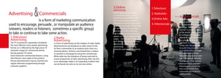 Advertising Commercials
1.Television
2. RadioAdv.
3.Online Adv.
4. Infomercials
&is a form of marketing communication
used to encourage, persuade , or manipulate an audience
(viewers, readers or listeners; sometimes a specific group)
to take or continue to take some action.
3.Online
advertising
Online advertising is a form
of promotion that uses the
Internet and World Wide Web
for the expressed purpose of
delivering marketing messages
to attract customers. Online ads
are delivered by an ad server.
Examples of online advertis-
ing include contextual ads that
appear on search engine results
pages, banner ads, in text ads,
Rich Media Ads, Social network
advertising, online classified
advertising, advertising
networks and e-mail marketing.
4.Infomercials
An infomercial is a long-
format television commer-
cial, typically five minutes
or longer. The word “info-
mercial”is a portmanteau
of the words “information”
&“commercial”. The main
objective in an infomercial
is to create an impulse
purchase, so that the con-
sumer sees the presenta-
tion and then immediately
buys the product through
the advertised toll-free
telephone number or web-
site. Infomercials describe,
display, and often demon-
strate products and their
features, and commonly
have testimonials from
consumers and industry
professionals.
2.Radio
Advertising
is a form of advertising via the medium of radio. Radio
advertisements are broadcast as radio waves to the
air from a transmitter to an antenna and a thus to a
receiving device. Airtime is purchased from a station
or network in exchange for airing the commercials.
While radio has the limitation of being restricted to
sound, proponents of radio advertising often cite this
as an advantage. Radio is an expanding medium that
can be found not only on air, but also online.
1.Television
Advertising
The TV commercial is generally considered
the most effective mass-market advertising
format, as is reflected by the high prices TV
networks charge for commercial airtime
during popular TV events.
Some television commercials feature a song
that listeners soon relate to the product.
Virtual advertisements may be inserted into
regular television programming through
computer graphics.
 