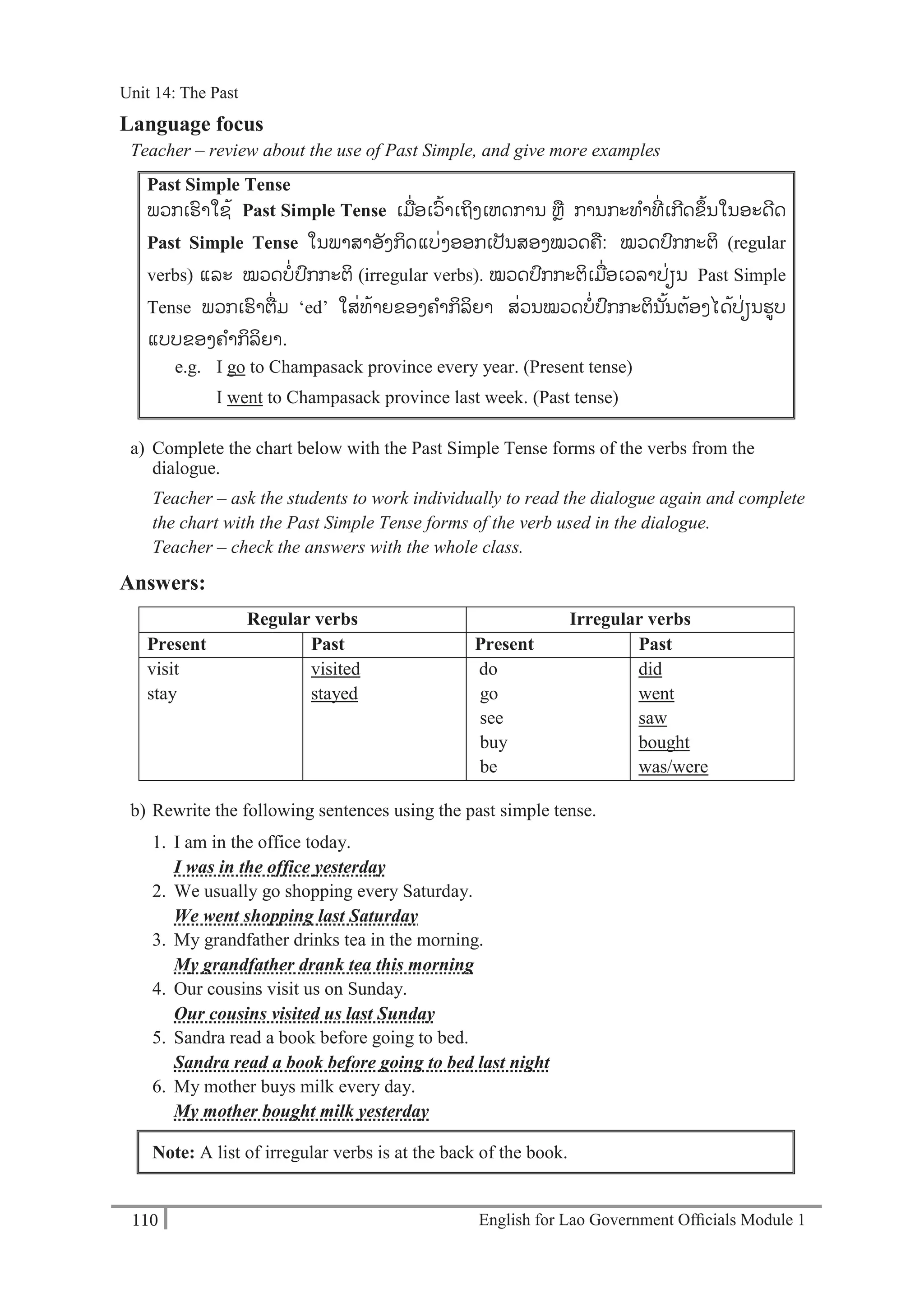 English for Lao Government Ofﬁcials Module 1110
Unit 14The Past
110 English for Lao Government Officials Module 1
Language focus
Teacher – review about the use of Past Simple, and give more examples
Past Simple Tense
ພວກເຮາໃຊ້ Past Simple Tense ເມ່ອເວ້າເຖິງເຫດການ ຫຼ ການກະທາທ່ ເກດຂ້ນໃນອະດດ
Past Simple Tense ໃນພາສາອັງກິດແບ່ງອອກເປັນສອງໝວດຄ: ໝວດປກກະຕິ (regular
verbs) ແລະ ໝວດບ່ປກກະຕິ (irregular verbs). ໝວດປກກະຕິເມ່ອເວລາປ່ຽນ Past Simple
Tense ພວກເຮາຕ່ມ ‘ed’ ໃສ່ທ້າຍຂອງຄາກິລິຍາ ສ່ວນໝວດບ່ປກກະຕິນັ້ນຕ້ອງໄດ້ປ່ຽນຮູບ
ແບບຂອງຄາກິລິຍາ.
e.g. I go to Champasack province every year. (Present tense)
I went to Champasack province last week. (Past tense)
a) Complete the chart below with the Past Simple Tense forms of the verbs from the
dialogue.
Teacher – ask the students to work individually to read the dialogue again and complete
the chart with the Past Simple Tense forms of the verb used in the dialogue.
Teacher – check the answers with the whole class.
Answers:
Regular verbs Irregular verbs
Present Past Present Past
visit
stay
visited
stayed
do
go
see
buy
be
did
went
saw
bought
was/were
b) Rewrite the following sentences using the past simple tense.
1. I am in the office today.
I was in the office yesterday
2. We usually go shopping every Saturday.
We went shopping last Saturday
3. My grandfather drinks tea in the morning.
My grandfather drank tea this morning
4. Our cousins visit us on Sunday.
Our cousins visited us last Sunday
5. Sandra read a book before going to bed.
Sandra read a book before going to bed last night
6. My mother buys milk every day.
My mother bought milk yesterday
Note: A list of irregular verbs is at the back of the book.
Unit 14: The Past
 