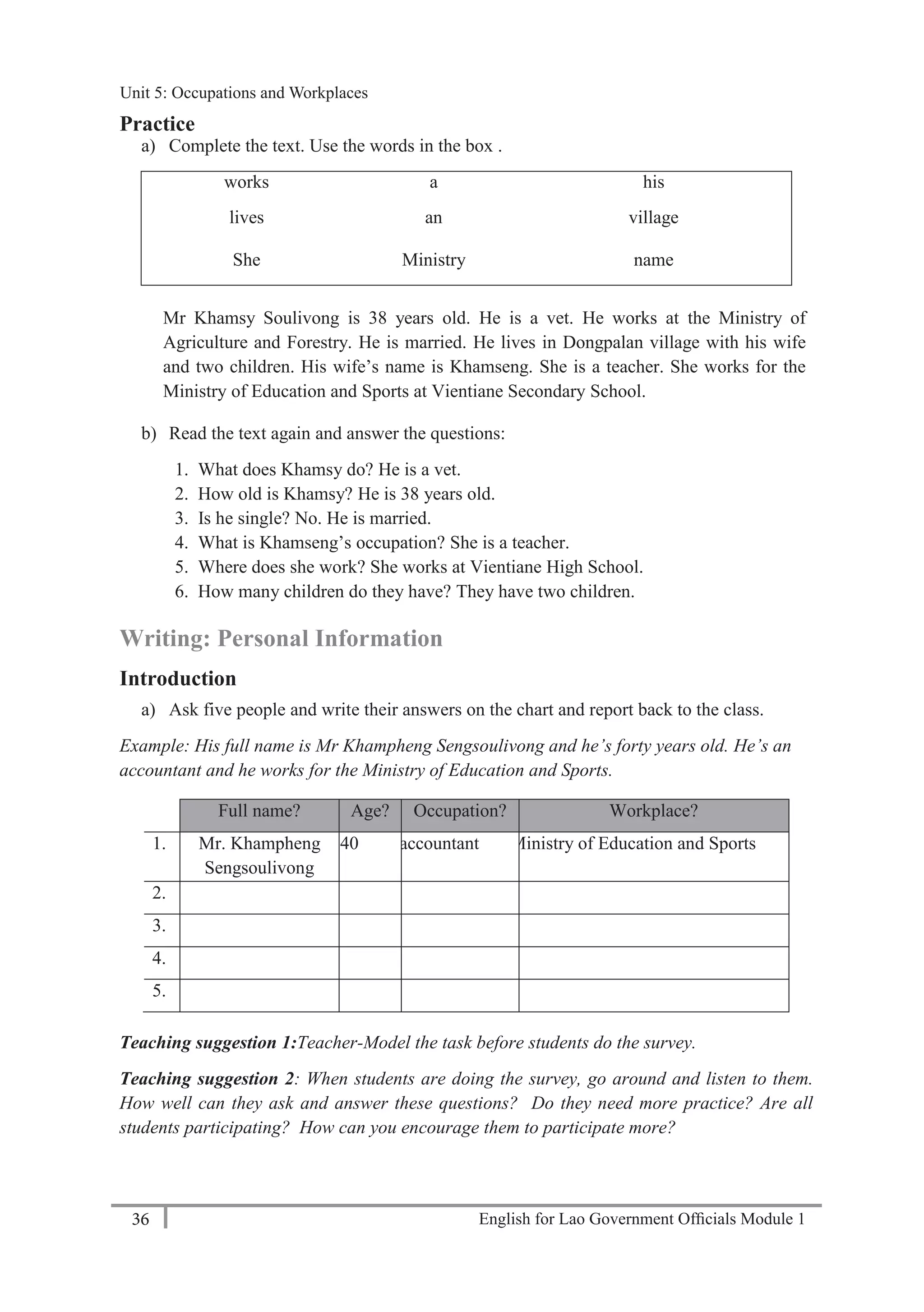 English for Lao Government Ofﬁcials Module 136
Unit 5: Occupations and Workplaces
36 English for Lao Government Officials Module 1
Practice
a) Complete the text. Use the words in the box .
works a his
lives an village
She Ministry name
Mr Khamsy Soulivong is 38 years old. He is a vet. He works at the Ministry of
Agriculture and Forestry. He is married. He lives in Dongpalan village with his wife
and two children. His wife’s name is Khamseng. She is a teacher. She works for the
Ministry of Education and Sports at Vientiane Secondary School.
b) Read the text again and answer the questions:
1. What does Khamsy do? He is a vet.
2. How old is Khamsy? He is 38 years old.
3. Is he single? No. He is married.
4. What is Khamseng’s occupation? She is a teacher.
5. Where does she work? She works at Vientiane High School.
6. How many children do they have? They have two children.
Writing: Personal Information
Introduction
a) Ask five people and write their answers on the chart and report back to the class.
Example: His full name is Mr Khampheng Sengsoulivong and he’s forty years old. He’s an
accountant and he works for the Ministry of Education and Sports.
Full name? Age? Occupation? Workplace?
1. Mr. Khampheng
Sengsoulivong
40 accountant Ministry of Education and Sports
2.
3.
4.
5.
Teaching suggestion 1:Teacher-Model the task before students do the survey.
Teaching suggestion 2: When students are doing the survey, go around and listen to them.
How well can they ask and answer these questions? Do they need more practice? Are all
students participating? How can you encourage them to participate more?
Unit 5: Occupations and Workplaces
 