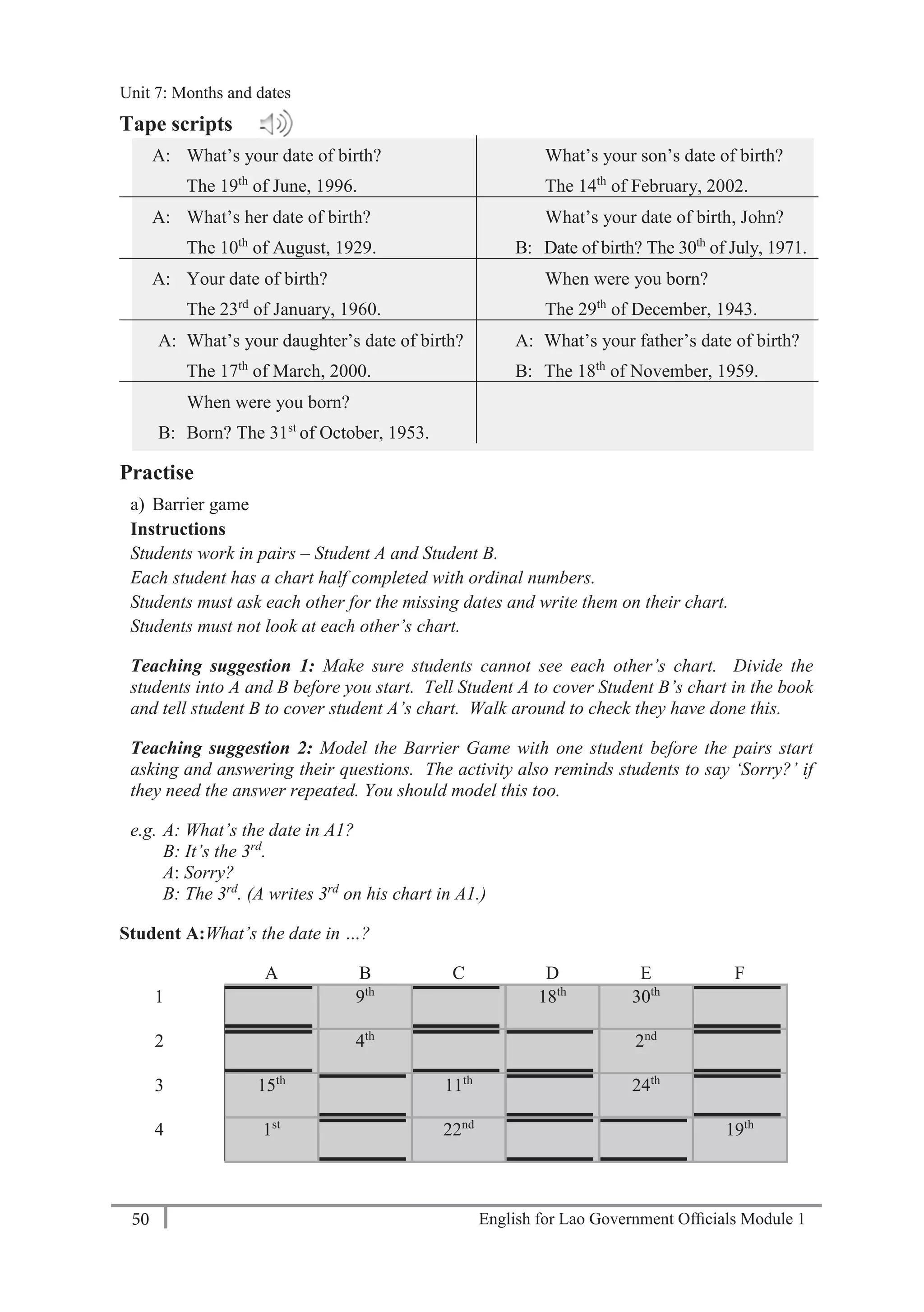 English for Lao Government Ofﬁcials Module 150
Unit 8: Weekly Routines
50 English for Lao Government Officials Module 1
Tape scripts
1. A: What’s your date of birth?
B: The 19th
of June, 1996.
6. A: What’s your son’s date of birth?
B: The 14th
of February, 2002.
2. A: What’s her date of birth?
B: The 10th
of August, 1929.
7. A: What’s your date of birth, John?
B: Date of birth? The 30th
of July, 1971.
3. A: Your date of birth?
B: The 23rd
of January, 1960.
8. A: When were you born?
B: The 29th
of December, 1943.
4. A: What’s your daughter’s date of birth?
B: The 17th
of March, 2000.
9. A: What’s your father’s date of birth?
B: The 18th
of November, 1959.
5. A: When were you born?
B: Born? The 31st
of October, 1953.
Practise
a) Barrier game
Instructions
Students work in pairs – Student A and Student B.
Each student has a chart half completed with ordinal numbers.
Students must ask each other for the missing dates and write them on their chart.
Students must not look at each other’s chart.
Teaching suggestion 1: Make sure students cannot see each other’s chart. Divide the
students into A and B before you start. Tell Student A to cover Student B’s chart in the book
and tell student B to cover student A’s chart. Walk around to check they have done this.
Teaching suggestion 2: Model the Barrier Game with one student before the pairs start
asking and answering their questions. The activity also reminds students to say ‘Sorry?’ if
they need the answer repeated. You should model this too.
e.g. A: What’s the date in A1?
B: It’s the 3rd
.
A: Sorry?
B: The 3rd
. (A writes 3rd
on his chart in A1.)
Student A:What’s the date in …?
A B C D E F
1 9th
18th
30th
2 4th
2nd
3 15th
11th
24th
4 1st
22nd
19th
Unit 7: Months and dates
 