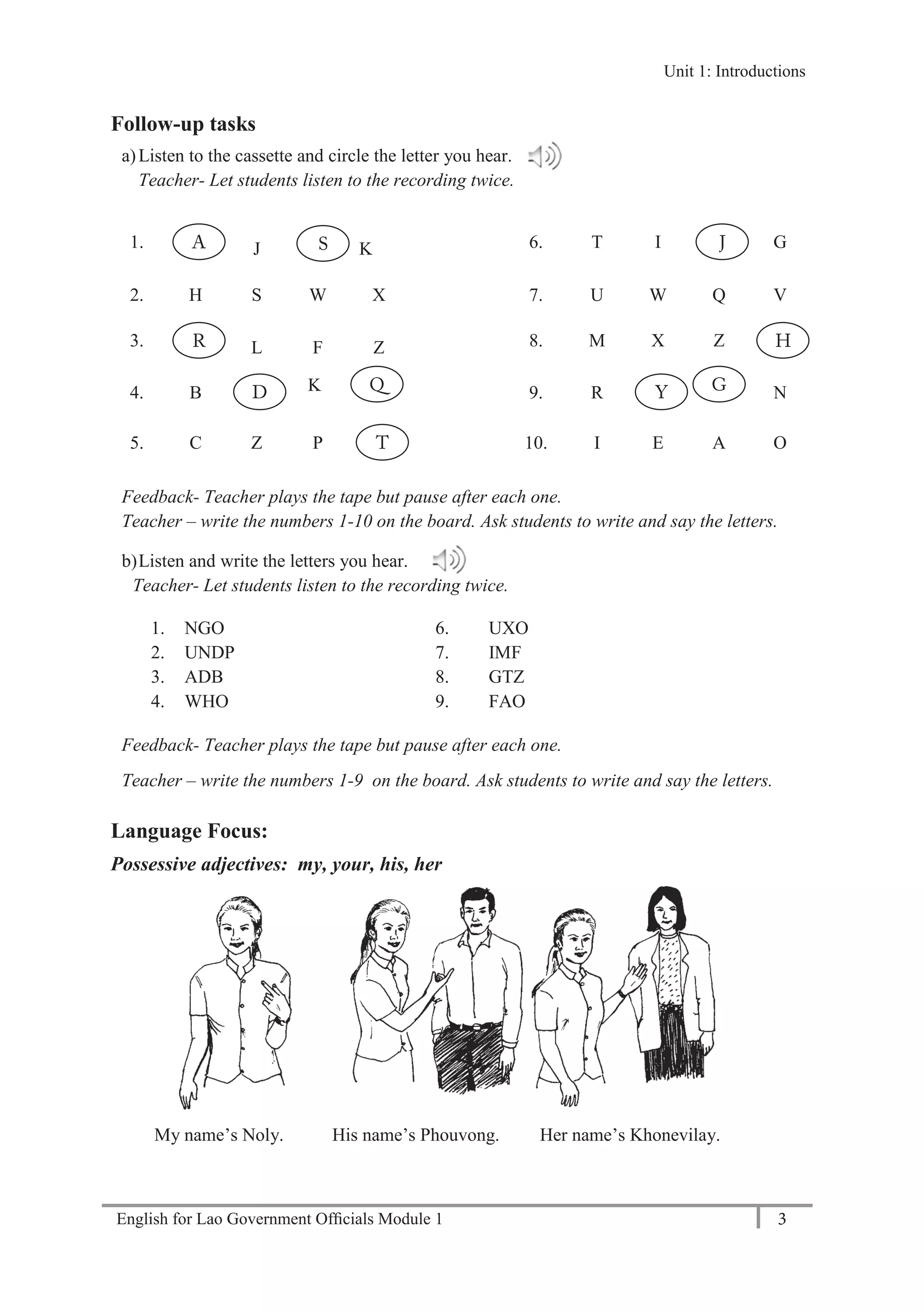 English for Lao Government Ofﬁcials Module 1 3
Unit 1: Introductions
3 English for Lao Government Officials Module 1
Follow-up tasks
a)Listen to the cassette and circle the letter you hear.
Teacher- Let students listen to the recording twice.
1. J K 6. T I G
2. H S W X 7. U W Q V
3. L F Z 8. M X Z
4. B K 9. R N
5. C Z P 10. I E A O
Feedback- Teacher plays the tape but pause after each one.
Teacher – write the numbers 1-10 on the board. Ask students to write and say the letters.
b)Listen and write the letters you hear.
Teacher- Let students listen to the recording twice.
1. NGO 6. UXO
2. UNDP 7. IMF
3. ADB 8. GTZ
4. WHO 9. FAO
Feedback- Teacher plays the tape but pause after each one.
Teacher – write the numbers 1-9 on the board. Ask students to write and say the letters.
Language Focus:
Possessive adjectives: my, your, his, her
My name’s Noly. His name’s Phouvong. Her name’s Khonevilay.
Unit 1: Introductions
 