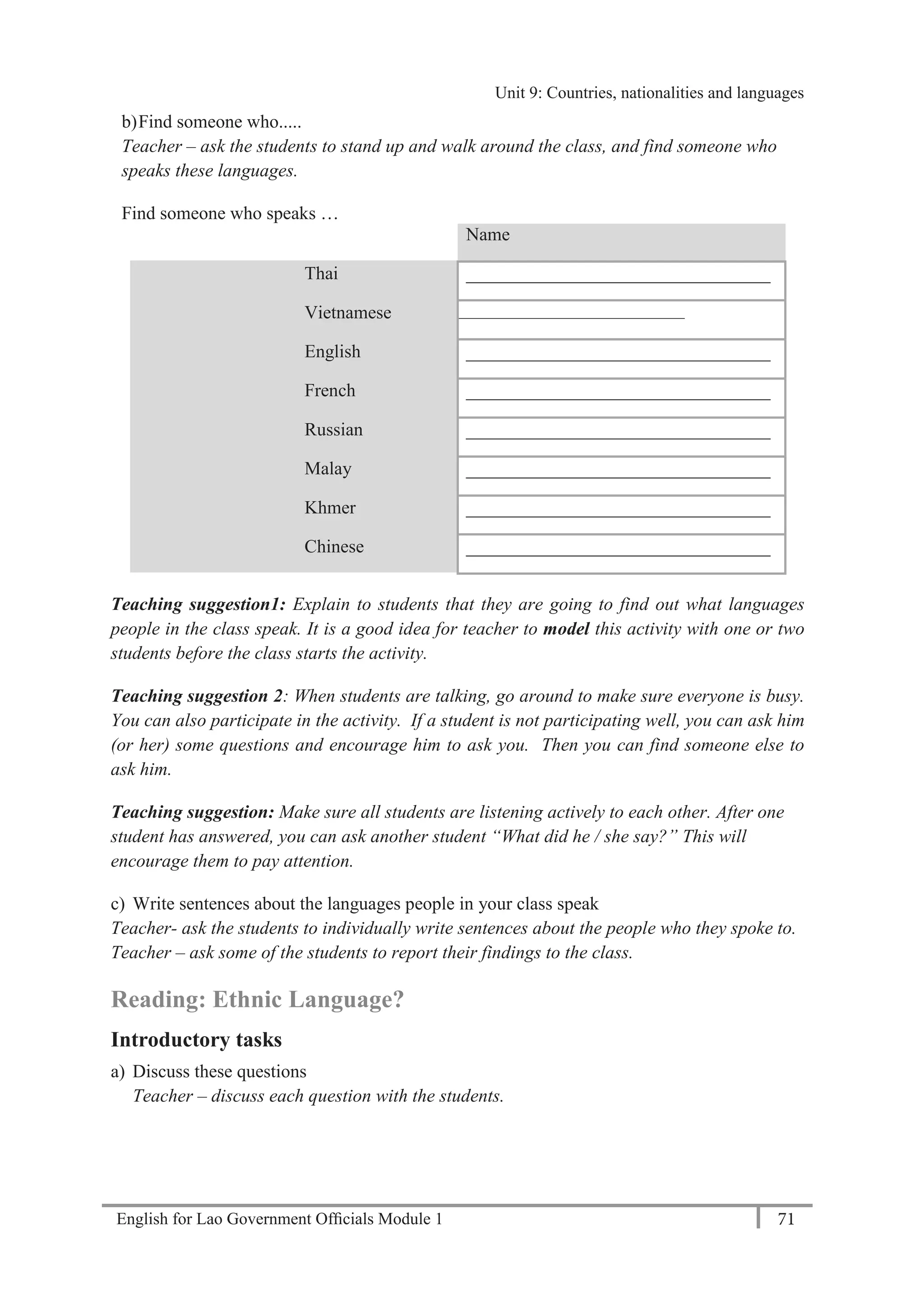 English for Lao Government Ofﬁcials Module 1 71
Unit 9: Countries, nationalities and languages
71 English for Lao Government Officials Module 1
b)Find someone who.....
Teacher – ask the students to stand up and walk around the class, and find someone who
speaks these languages.
Find someone who speaks …
Name
Thai _________________________________
Vietnamese _________________________________
English _________________________________
French _________________________________
Russian _________________________________
Malay _________________________________
Khmer _________________________________
Chinese _________________________________
Teaching suggestion1: Explain to students that they are going to find out what languages
people in the class speak. It is a good idea for teacher to model this activity with one or two
students before the class starts the activity.
Teaching suggestion 2: When students are talking, go around to make sure everyone is busy.
You can also participate in the activity. If a student is not participating well, you can ask him
(or her) some questions and encourage him to ask you. Then you can find someone else to
ask him.
Teaching suggestion: Make sure all students are listening actively to each other. After one
student has answered, you can ask another student “What did he / she say?” This will
encourage them to pay attention.
c) Write sentences about the languages people in your class speak
Teacher- ask the students to individually write sentences about the people who they spoke to.
Teacher – ask some of the students to report their findings to the class.
Reading: Ethnic Language?
Introductory tasks
a) Discuss these questions
Teacher – discuss each question with the students.
Unit 9: Countries, nationalities and languages
 
