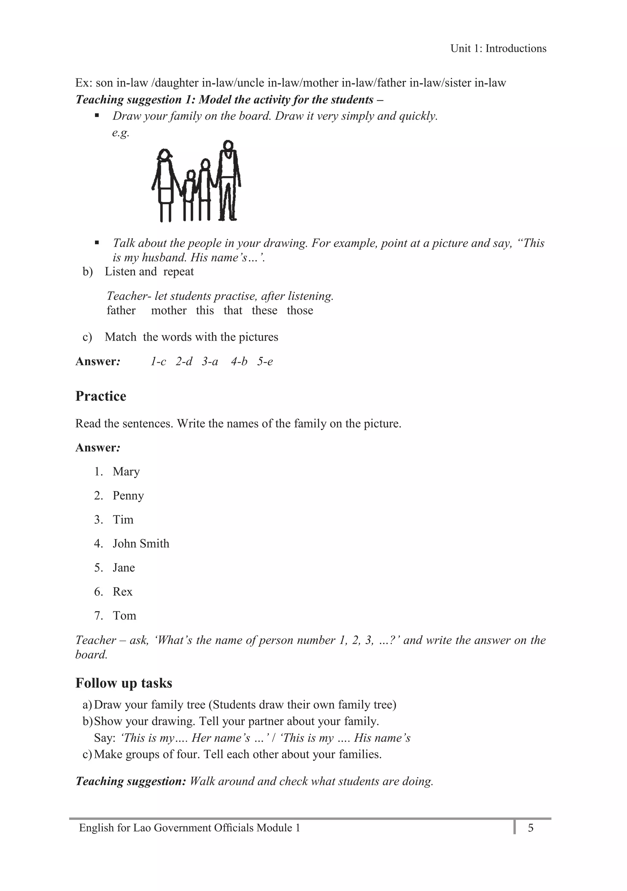 English for Lao Government Ofﬁcials Module 1 5
Unit 1: Introductions
5 English for Lao Government Officials Module 1
Ex: son in-law /daughter in-law/uncle in-law/mother in-law/father in-law/sister in-law
Teaching suggestion 1: Model the activity for the students –
 Draw your family on the board. Draw it very simply and quickly.
e.g.
 Talk about the people in your drawing. For example, point at a picture and say, “This
is my husband. His name’s…’.
b) Listen and repeat
Teacher- let students practise, after listening.
father mother this that these those
c) Match the words with the pictures
Answer: 1-c 2-d 3-a 4-b 5-e
Practice
Read the sentences. Write the names of the family on the picture.
Answer:
1. Mary
2. Penny
3. Tim
4. John Smith
5. Jane
6. Rex
7. Tom
Teacher – ask, ‘What’s the name of person number 1, 2, 3, …?’ and write the answer on the
board.
Follow up tasks
a)Draw your family tree (Students draw their own family tree)
b)Show your drawing. Tell your partner about your family.
Say: ‘This is my…. Her name’s …’ / ‘This is my …. His name’s
c)Make groups of four. Tell each other about your families.
Teaching suggestion: Walk around and check what students are doing.
Unit 1: Introductions
 