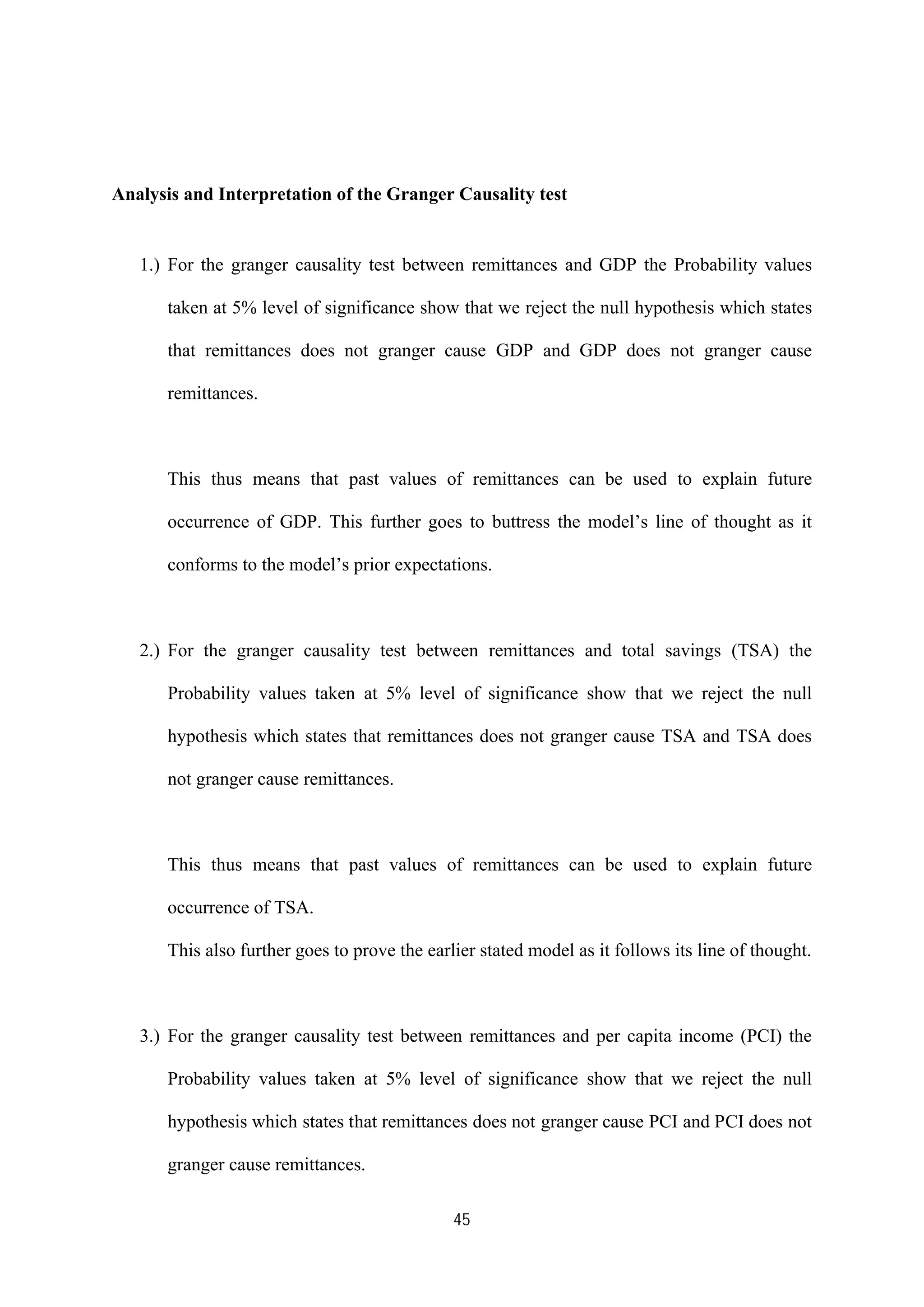 45
Analysis and Interpretation of the Granger Causality test
1.) For the granger causality test between remittances and GDP the Probability values
taken at 5% level of significance show that we reject the null hypothesis which states
that remittances does not granger cause GDP and GDP does not granger cause
remittances.
This thus means that past values of remittances can be used to explain future
occurrence of GDP. This further goes to buttress the model’s line of thought as it
conforms to the model’s prior expectations.
2.) For the granger causality test between remittances and total savings (TSA) the
Probability values taken at 5% level of significance show that we reject the null
hypothesis which states that remittances does not granger cause TSA and TSA does
not granger cause remittances.
This thus means that past values of remittances can be used to explain future
occurrence of TSA.
This also further goes to prove the earlier stated model as it follows its line of thought.
3.) For the granger causality test between remittances and per capita income (PCI) the
Probability values taken at 5% level of significance show that we reject the null
hypothesis which states that remittances does not granger cause PCI and PCI does not
granger cause remittances.
 