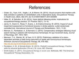 References
•  Grider, S.L, Yuen, H.K., Vogtle, L.K, & Warren, M. (2014). Visual concerns that interfere with
daily activities in patients on rehabilitation units: A descriptive study. Occupational Therapy
in Health Care, 28(4), 362-370. doi:10.3109/07380577.2014.933946
•  Hillier, R., & Tarbutton, N. M. (2014). Vision deficits following stroke: Implications for
occupational therapy practice. OT Practice 19(21), 13–16.
•  Jarvis, K., Grant, E., Rowe, F., Evans, J., & Cristino-Amenos, M. (2012). Impact of visual
impairment assessment on functional recovery in stroke patients: a pilot randomized
controlled trial. International Journal of Therapy and Rehabilitation. 19(1), 11-22.
•  Mannan, S., Pambakian, A., & Kennard, C. (2010). Compensatory strategies following visual
search training in patients with homonymous hemianopia: An eye movement study. Journal
of Neurology, 257, 1812–1821.
•  Mennem, T. A., Warren, M., & Yuen, H. K. (2012). Preliminary validation of a vision-
dependent activities of daily living instrument on adults with homonymous hemianopia.
American Journal of Occupational Therapy, 66, 478–482.
http://dx.doi.org/10.5014/ajot.2012.004762
•  Pendleton, H. M., & Schultz-Krohn, W. (2013). Pedretti’s occupational therapy: Practice
skills for physical dysfunction (7th ed.), St. Louis, MO: Elsevier.
•  Smith-Gabai, H. (2011). Occupational therapy in acute care. Bethesda, MD: The American
Occupational Therapy Association, Inc.
 