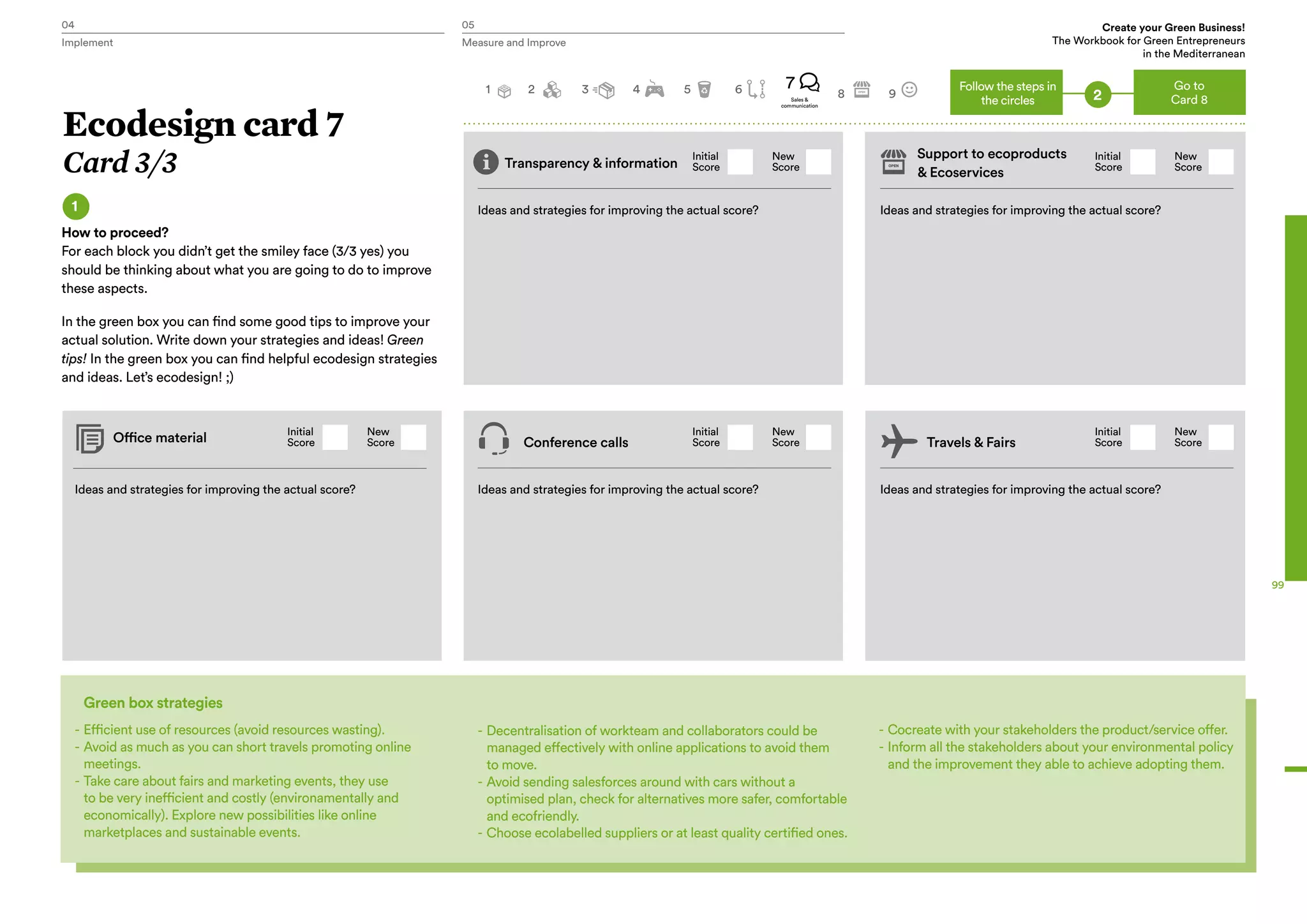 04 05 Create your Green Business!
The Workbook for Green Entrepreneurs
in the Mediterranean
Implement Measure and Improve
99
Ideas and strategies for improving the actual score?
Ideas and strategies for improving the actual score? Ideas and strategies for improving the actual score?
Ideas and strategies for improving the actual score?
Ideas and strategies for improving the actual score?
Green box strategies
-	Efficient use of resources (avoid resources wasting).
-	Avoid as much as you can short travels promoting online
meetings.
-	Take care about fairs and marketing events, they use
to be very inefficient and costly (environamentally and
economically). Explore new possibilities like online
marketplaces and sustainable events.
Initial
Score
Initial
Score
Initial
Score
Initial
Score
Initial
Score
New
Score
New
Score
New
Score
New
Score
New
Score
-	Decentralisation of workteam and collaborators could be
managed effectively with online applications to avoid them
to move.
-	Avoid sending salesforces around with cars without a
optimised plan, check for alternatives more safer, comfortable
and ecofriendly.
-	Choose ecolabelled suppliers or at least quality certified ones.
-	Cocreate with your stakeholders the product/service offer.
-	Inform all the stakeholders about your environmental policy
and the improvement they able to achieve adopting them.
Ecodesign card 7
Card 3/3
1
How to proceed?
For each block you didn’t get the smiley face (3/3 yes) you
should be thinking about what you are going to do to improve
these aspects.
In the green box you can find some good tips to improve your
actual solution. Write down your strategies and ideas! Green
tips! In the green box you can find helpful ecodesign strategies
and ideas. Let’s ecodesign! ;)
Go to
Card 8
2 3 4 5 6 8 9
Follow the steps in
the circles 2
Transparency & information
Support to ecoproducts
& Ecoservices
Office material Conference calls Travels & Fairs
7
Sales &
communication
1
 