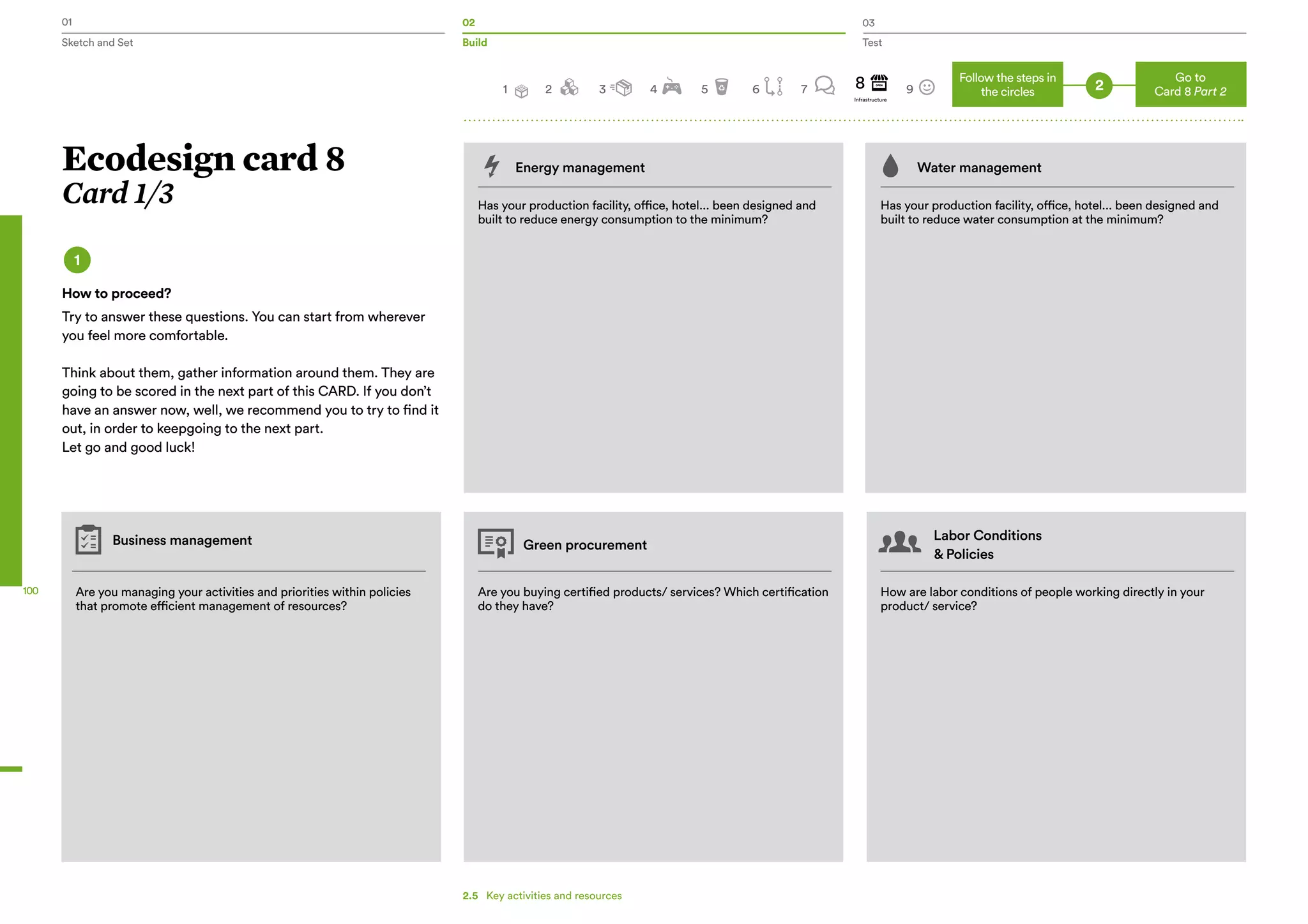01 02 03
Sketch and Set Build Test
100
Energy management Water management
Has your production facility, office, hotel... been designed and
built to reduce energy consumption to the minimum?
Are you managing your activities and priorities within policies
that promote efficient management of resources?
Business management Green procurement
Labor Conditions
& Policies
Are you buying certified products/ services? Which certification
do they have?
How are labor conditions of people working directly in your
product/ service?
Has your production facility, office, hotel... been designed and
built to reduce water consumption at the minimum?
Ecodesign card 8
Card 1/3
1
How to proceed?
Try to answer these questions. You can start from wherever
you feel more comfortable.
Think about them, gather information around them. They are
going to be scored in the next part of this CARD. If you don’t
have an answer now, well, we recommend you to try to find it
out, in order to keepgoing to the next part.
Let go and good luck!
2
Go to
Card 8 Part 2
Follow the steps in
the circles2 3 4 5 6 8 9
Infrastructure
1 7
2.5   Key activities and resources
 
