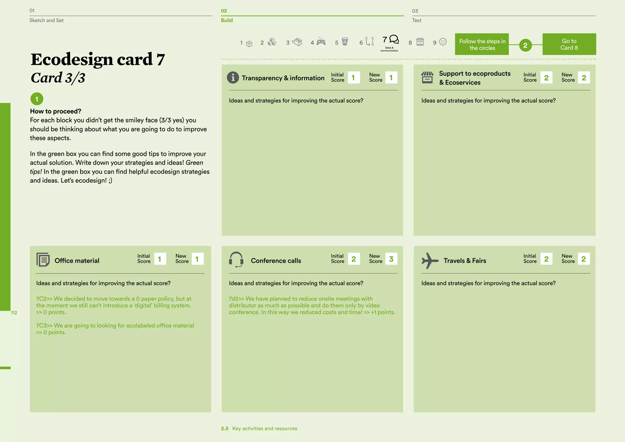 01 02 03
Sketch and Set Build Test
112
Initial
Score
Initial
Score
Initial
Score
Initial
Score
Initial
Score
New
Score
New
Score
New
Score
New
Score
New
Score1 1
11 2 3 2 2
22
Ideas and strategies for improving the actual score?
Ideas and strategies for improving the actual score?
7d2>> We have planned to reduce onsite meetings with
distributor as much as possible and do them only by video
conference. In this way we reduced costs and time! >> +1 points.
Ideas and strategies for improving the actual score?
Ideas and strategies for improving the actual score?
Ideas and strategies for improving the actual score?
7C2>> We decided to move towards a 0 paper policy, but at
the moment we still can’t introduce a ‘digital’ billing system.
>> 0 points.
7C3>> We are going to looking for ecolabeled office material
>> 0 points.
Ecodesign card 7
Card 3/3
1
How to proceed?
For each block you didn’t get the smiley face (3/3 yes) you
should be thinking about what you are going to do to improve
these aspects.
In the green box you can find some good tips to improve your
actual solution. Write down your strategies and ideas! Green
tips! In the green box you can find helpful ecodesign strategies
and ideas. Let’s ecodesign! ;)
Go to
Card 8
Follow the steps in
the circles 2
Transparency & information
Support to ecoproducts
& Ecoservices
Office material Conference calls Travels & Fairs
2 3 4 5 6 8 97
Sales &
communication
1
2.5   Key activities and resources
 