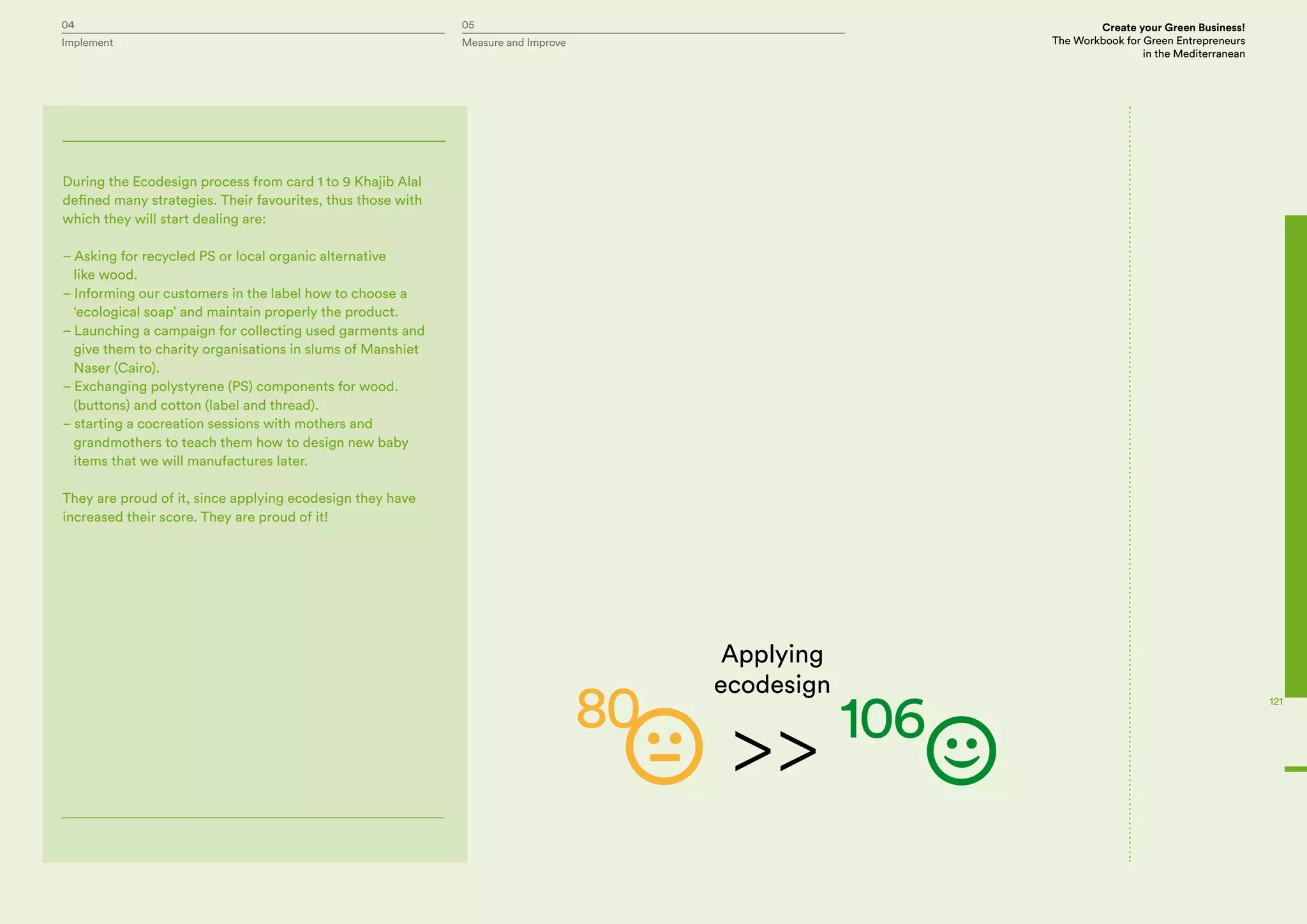 04 05 Create your Green Business!
The Workbook for Green Entrepreneurs
in the Mediterranean
Implement Measure and Improve
121
During the Ecodesign process from card 1 to 9 Khajib Alal
defined many strategies. Their favourites, thus those with
which they will start dealing are:
– Asking for recycled PS or local organic alternative
like wood.
– Informing our customers in the label how to choose a
‘ecological soap’ and maintain properly the product.
– Launching a campaign for collecting used garments and
give them to charity organisations in slums of Manshiet
Naser (Cairo).
– Exchanging polystyrene (PS) components for wood.
(buttons) and cotton (label and thread).
– starting a cocreation sessions with mothers and
grandmothers to teach them how to design new baby
items that we will manufactures later.
They are proud of it, since applying ecodesign they have
increased their score. They are proud of it!
 