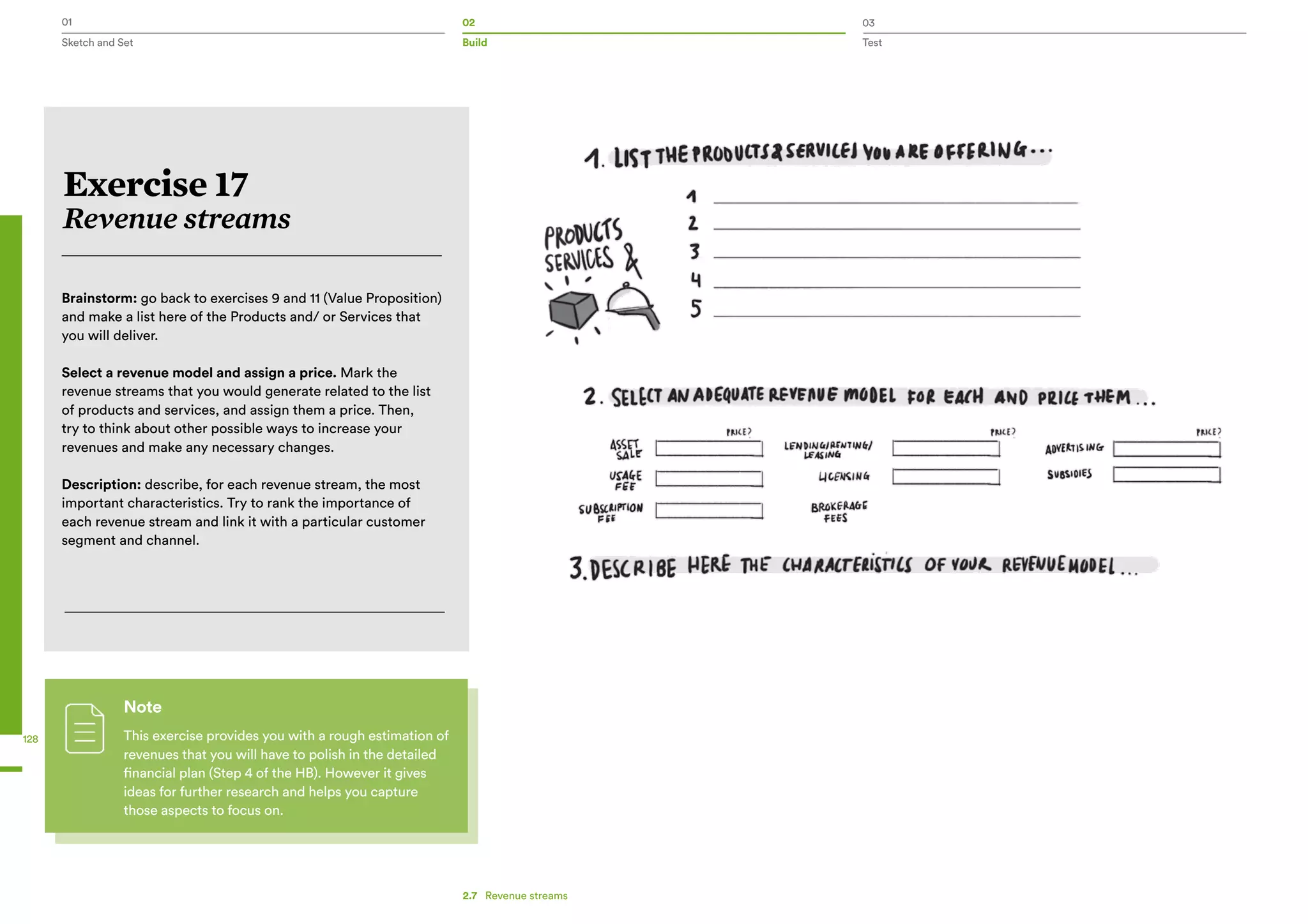 01 02 03
Sketch and Set Build Test
128
Exercise 17
Revenue streams
Brainstorm: go back to exercises 9 and 11 (Value Proposition)
and make a list here of the Products and/ or Services that
you will deliver.
Select a revenue model and assign a price. Mark the
revenue streams that you would generate related to the list
of products and services, and assign them a price. Then,
try to think about other possible ways to increase your
revenues and make any necessary changes.
Description: describe, for each revenue stream, the most
important characteristics. Try to rank the importance of
each revenue stream and link it with a particular customer
segment and channel.
2.7   Revenue streams
Note
This exercise provides you with a rough estimation of
revenues that you will have to polish in the detailed
financial plan (Step 4 of the HB). However it gives
ideas for further research and helps you capture
those aspects to focus on.
 