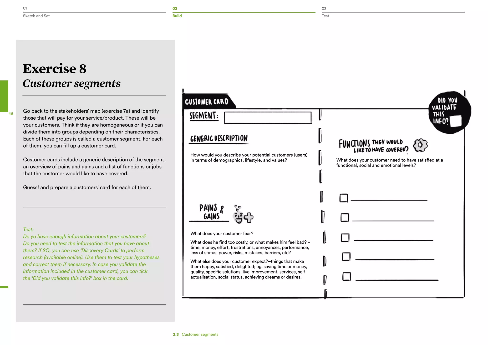 01 02 03
Sketch and Set Build Test
46
How would you describe your potential customers (users)
in terms of demographics, lifestyle, and values? What does your customer need to have satisfied at a
functional, social and emotional levels?
What does your customer fear?
What does he find too costly, or what makes him feel bad? –
time, money, effort, frustrations, annoyances, performance,
loss of status, power, risks, mistakes, barriers, etc?
What else does your customer expect?–things that make
them happy, satisfied, delighted; eg. saving time or money,
quality, specific solutions, live improvement, services, self-
actualisation, social status, achieving dreams or desires.
Exercise 8
Customer segments
Go back to the stakeholders’ map (exercise 7a) and identify
those that will pay for your service/product. These will be
your customers. Think if they are homogeneous or if you can
divide them into groups depending on their characteristics.
Each of these groups is called a customer segment. For each
of them, you can fill up a customer card.
Customer cards include a generic description of the segment,
an overview of pains and gains and a list of functions or jobs
that the customer would like to have covered.
Guess! and prepare a customers’ card for each of them.
Test:
Do yo have enough information about your customers?
Do you need to test the information that you have about
them? If SO, you can use ‘Discovery Cards’ to perform
research (available online). Use them to test your hypotheses
and correct them if necessary. In case you validate the
information included in the customer card, you can tick
the ‘Did you validate this info?’ box in the card.
2.3   Customer segments
 