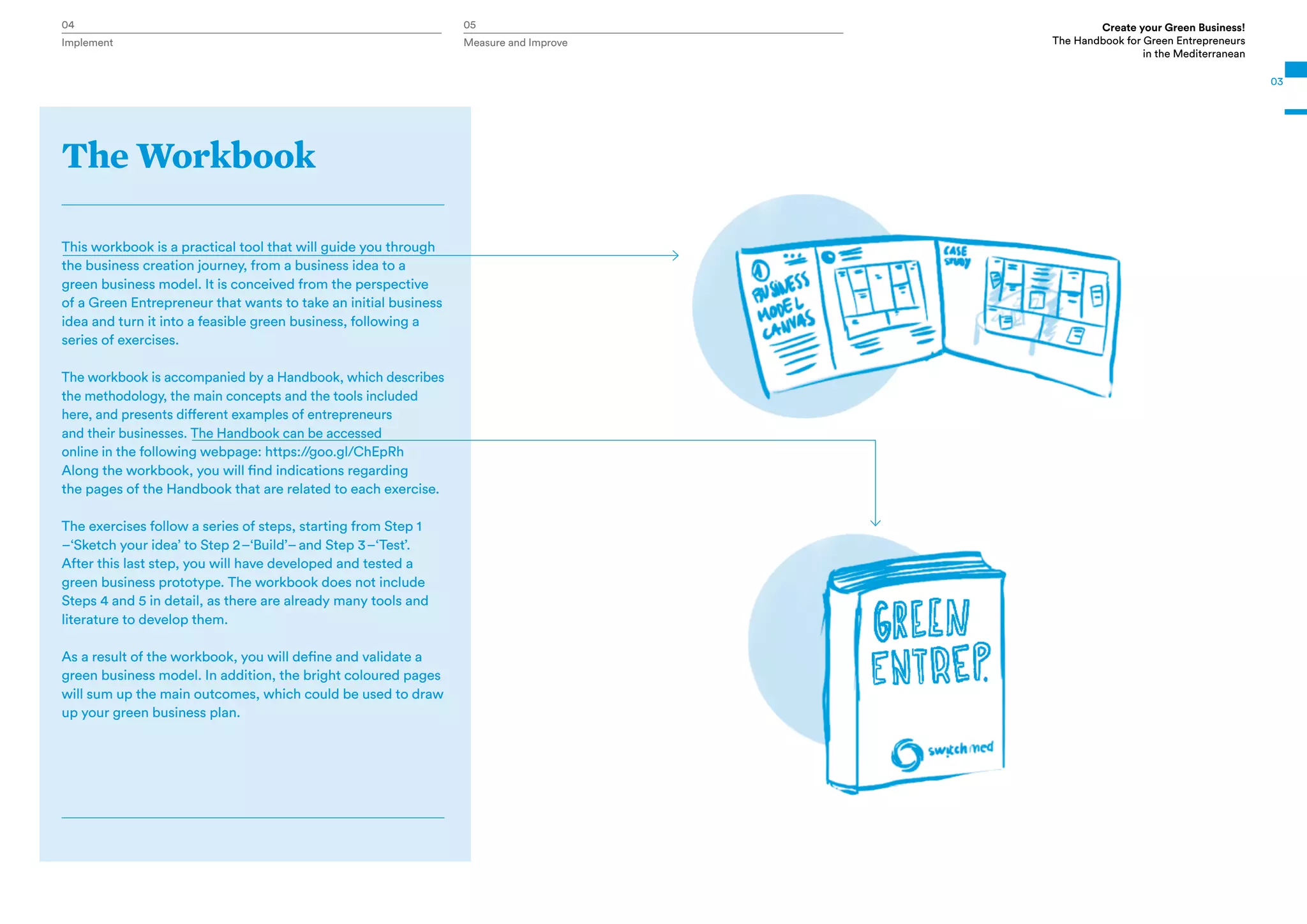 Implement Measure and Improve
04 05 Create your Green Business!
The Handbook for Green Entrepreneurs
in the Mediterranean
03
The Workbook
This workbook is a practical tool that will guide you through
the business creation journey, from a business idea to a
green business model. It is conceived from the perspective
of a Green Entrepreneur that wants to take an initial business
idea and turn it into a feasible green business, following a
series of exercises.
The workbook is accompanied by a Handbook, which describes
the methodology, the main concepts and the tools included
here, and presents different examples of entrepreneurs
and their businesses. The Handbook can be accessed
online in the following webpage: https://goo.gl/ChEpRh
Along the workbook, you will find indications regarding
the pages of the Handbook that are related to each exercise.
The exercises follow a series of steps, starting from Step 1
–‘Sketch your idea’ to Step 2–‘Build’–and Step 3–‘Test’.
After this last step, you will have developed and tested a
green business prototype. The workbook does not include
Steps 4 and 5 in detail, as there are already many tools and
literature to develop them.
As a result of the workbook, you will define and validate a
green business model. In addition, the bright coloured pages
will sum up the main outcomes, which could be used to draw
up your green business plan.
 