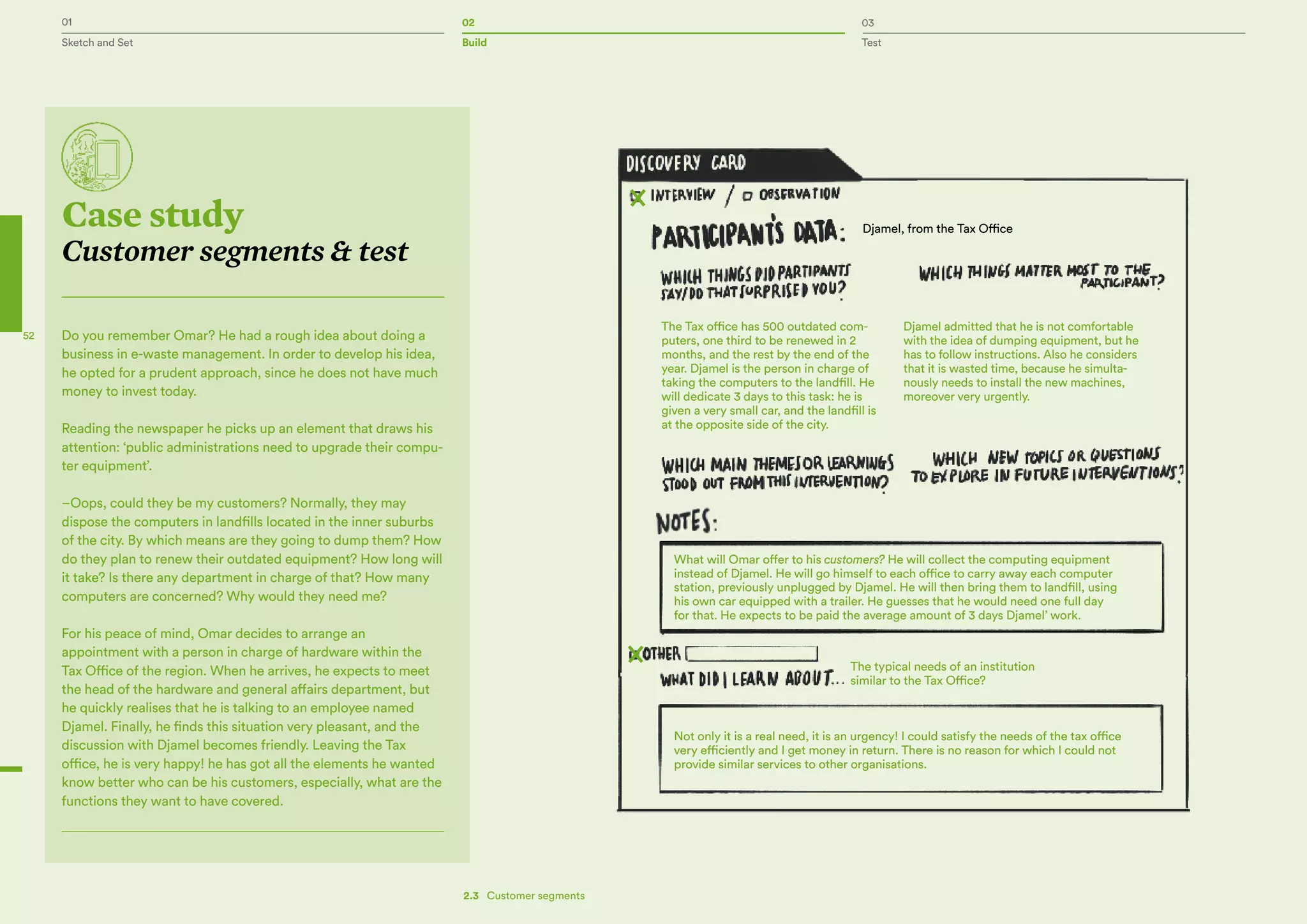 01 02 03
Sketch and Set Build Test
52
Case study
Customer segments & test
Do you remember Omar? He had a rough idea about doing a
business in e-waste management. In order to develop his idea,
he opted for a prudent approach, since he does not have much
money to invest today.
Reading the newspaper he picks up an element that draws his
attention: ‘public administrations need to upgrade their compu-
ter equipment’.
–Oops, could they be my customers? Normally, they may
dispose the computers in landfills located in the inner suburbs
of the city. By which means are they going to dump them? How
do they plan to renew their outdated equipment? How long will
it take? Is there any department in charge of that? How many
computers are concerned? Why would they need me?
For his peace of mind, Omar decides to arrange an
appointment with a person in charge of hardware within the
Tax Office of the region. When he arrives, he expects to meet
the head of the hardware and general affairs department, but
he quickly realises that he is talking to an employee named
Djamel. Finally, he finds this situation very pleasant, and the
discussion with Djamel becomes friendly. Leaving the Tax
office, he is very happy! he has got all the elements he wanted
know better who can be his customers, especially, what are the
functions they want to have covered.
Djamel, from the Tax Office
The typical needs of an institution
similar to the Tax Office?
The Tax office has 500 outdated com-
puters, one third to be renewed in 2
months, and the rest by the end of the
year. Djamel is the person in charge of
taking the computers to the landfill. He
will dedicate 3 days to this task: he is
given a very small car, and the landfill is
at the opposite side of the city.
What will Omar offer to his customers? He will collect the computing equipment
instead of Djamel. He will go himself to each office to carry away each computer
station, previously unplugged by Djamel. He will then bring them to landfill, using
his own car equipped with a trailer. He guesses that he would need one full day
for that. He expects to be paid the average amount of 3 days Djamel’ work.
Not only it is a real need, it is an urgency! I could satisfy the needs of the tax office
very efficiently and I get money in return. There is no reason for which I could not
provide similar services to other organisations.
Djamel admitted that he is not comfortable
with the idea of dumping equipment, but he
has to follow instructions. Also he considers
that it is wasted time, because he simulta-
nously needs to install the new machines,
moreover very urgently.
2.3   Customer segments
 