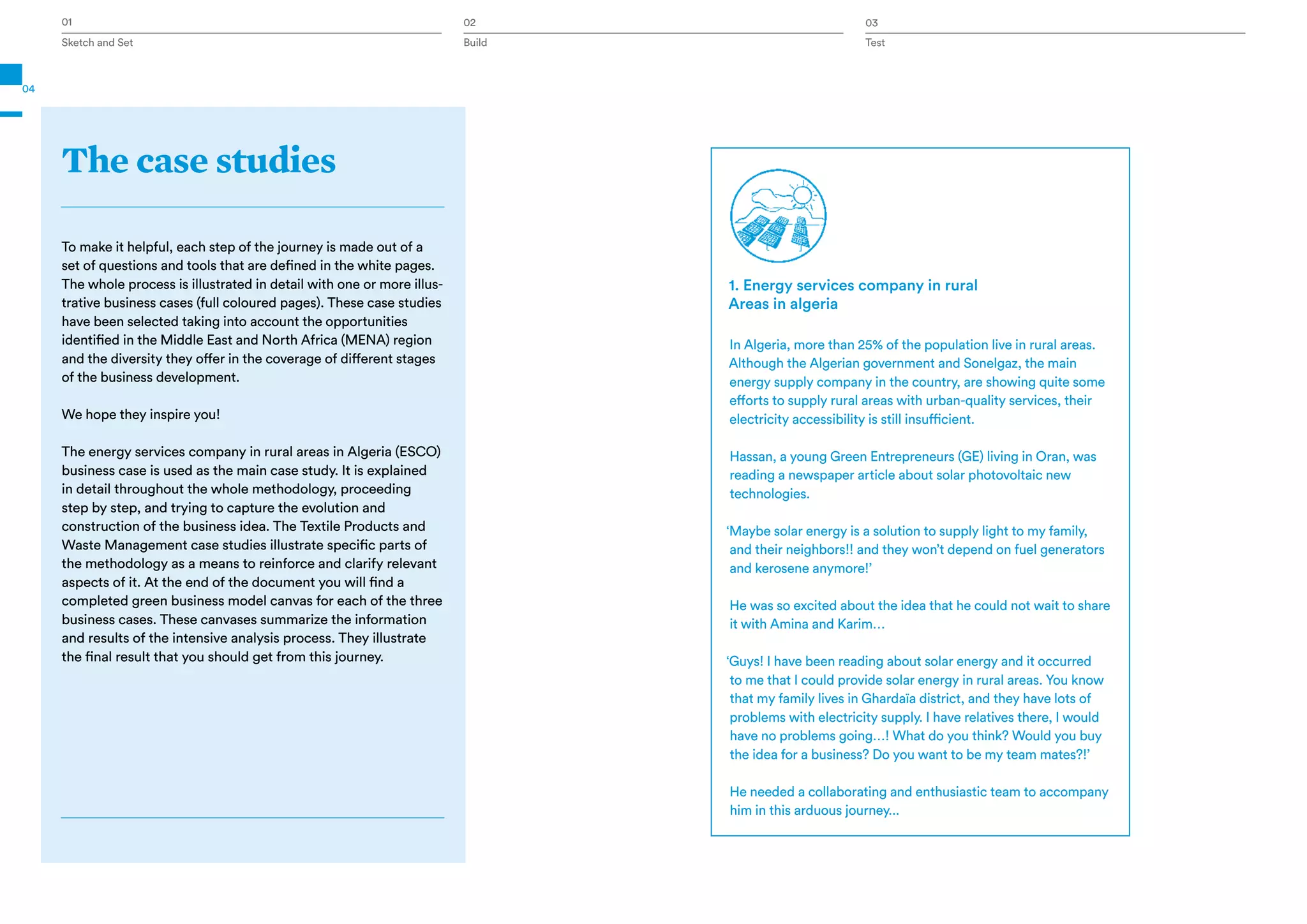 Sketch and Set Test
01 03
04
1. Energy services company in rural
Areas in algeria
In Algeria, more than 25% of the population live in rural areas.
Although the Algerian government and Sonelgaz, the main
energy supply company in the country, are showing quite some
efforts to supply rural areas with urban-quality services, their
electricity accessibility is still insufficient.
Hassan, a young Green Entrepreneurs (GE) living in Oran, was
reading a newspaper article about solar photovoltaic new
technologies.
‘Maybe solar energy is a solution to supply light to my family,
and their neighbors!! and they won’t depend on fuel generators
and kerosene anymore!’
He was so excited about the idea that he could not wait to share
it with Amina and Karim…
‘Guys! I have been reading about solar energy and it occurred
to me that I could provide solar energy in rural areas. You know
that my family lives in Ghardaïa district, and they have lots of
problems with electricity supply. I have relatives there, I would
have no problems going…! What do you think? Would you buy
the idea for a business? Do you want to be my team mates?!’
He needed a collaborating and enthusiastic team to accompany
him in this arduous journey...
The case studies
To make it helpful, each step of the journey is made out of a
set of questions and tools that are defined in the white pages.
The whole process is illustrated in detail with one or more illus-
trative business cases (full coloured pages). These case studies
have been selected taking into account the opportunities
identified in the Middle East and North Africa (MENA) region
and the diversity they offer in the coverage of different stages
of the business development.
We hope they inspire you!
The energy services company in rural areas in Algeria (ESCO)
business case is used as the main case study. It is explained
in detail throughout the whole methodology, proceeding
step by step, and trying to capture the evolution and
construction of the business idea. The Textile Products and
Waste Management case studies illustrate specific parts of
the methodology as a means to reinforce and clarify relevant
aspects of it. At the end of the document you will find a
completed green business model canvas for each of the three
business cases. These canvases summarize the information
and results of the intensive analysis process. They illustrate
the final result that you should get from this journey.
Build
02
 