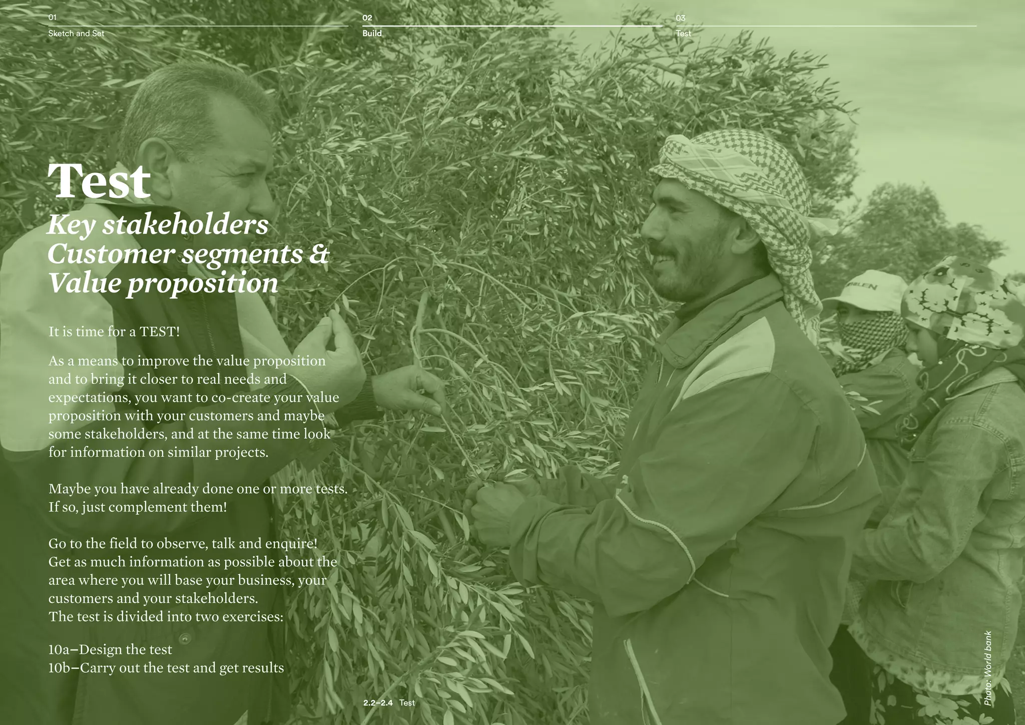 Sketch and Set Build Test
01 02 03
058
It is time for a TEST!
As a means to improve the value proposition
and to bring it closer to real needs and
expectations, you want to co-create your value
proposition with your customers and maybe
some stakeholders, and at the same time look
for information on similar projects.
Maybe you have already done one or more tests.
If so, just complement them!
Go to the field to observe, talk and enquire!
Get as much information as possible about the
area where you will base your business, your
customers and your stakeholders.
The test is divided into two exercises:
10a–Design the test
10b–Carry out the test and get results
02 03
Build Test
01
Sketch and Set
2.2–2.4   Test
Test
Key stakeholders
Customer segments &
Value proposition
Photo:Worldbank
 